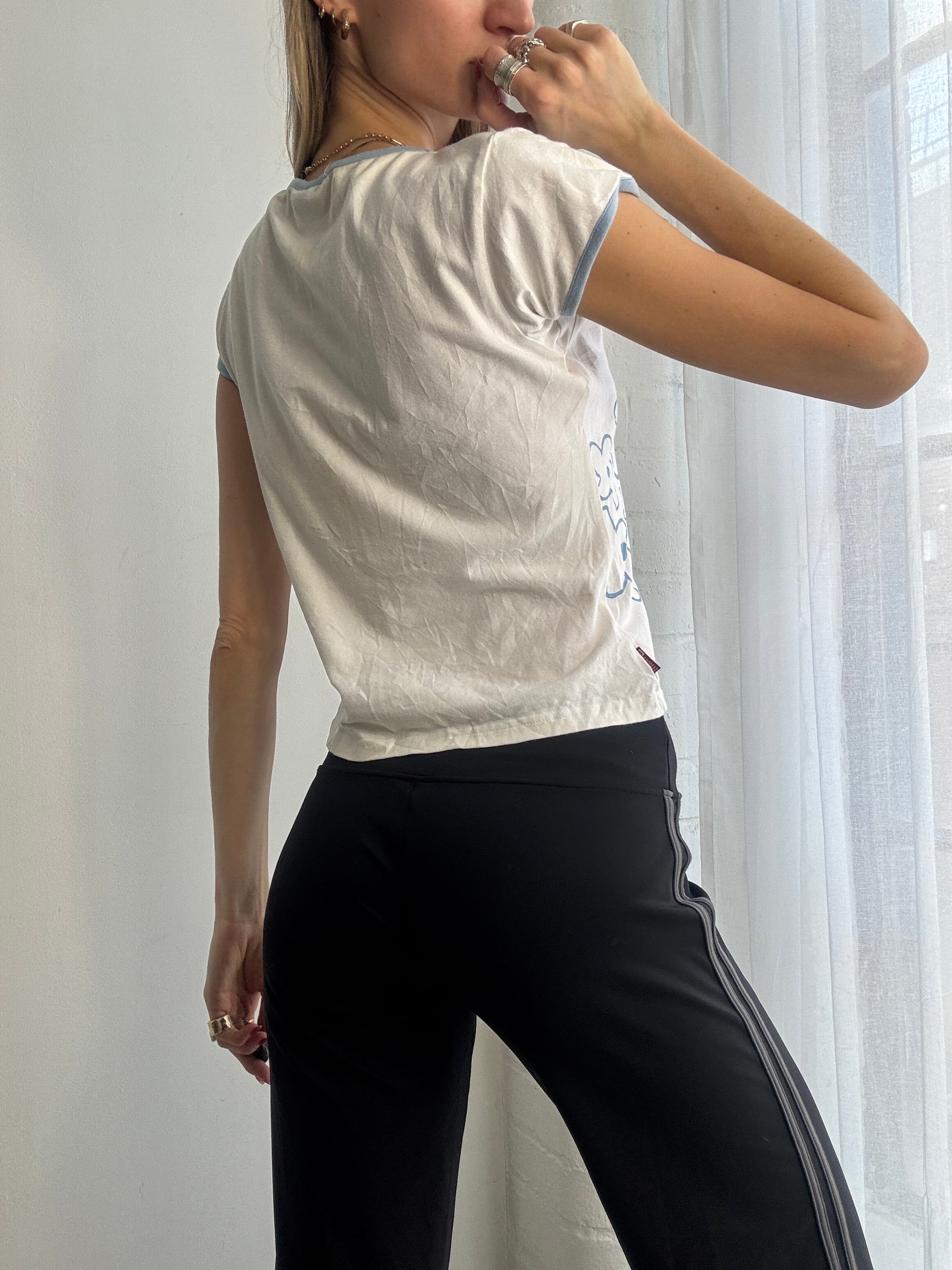 Vintage Y2K white baby tee with blue flower detail