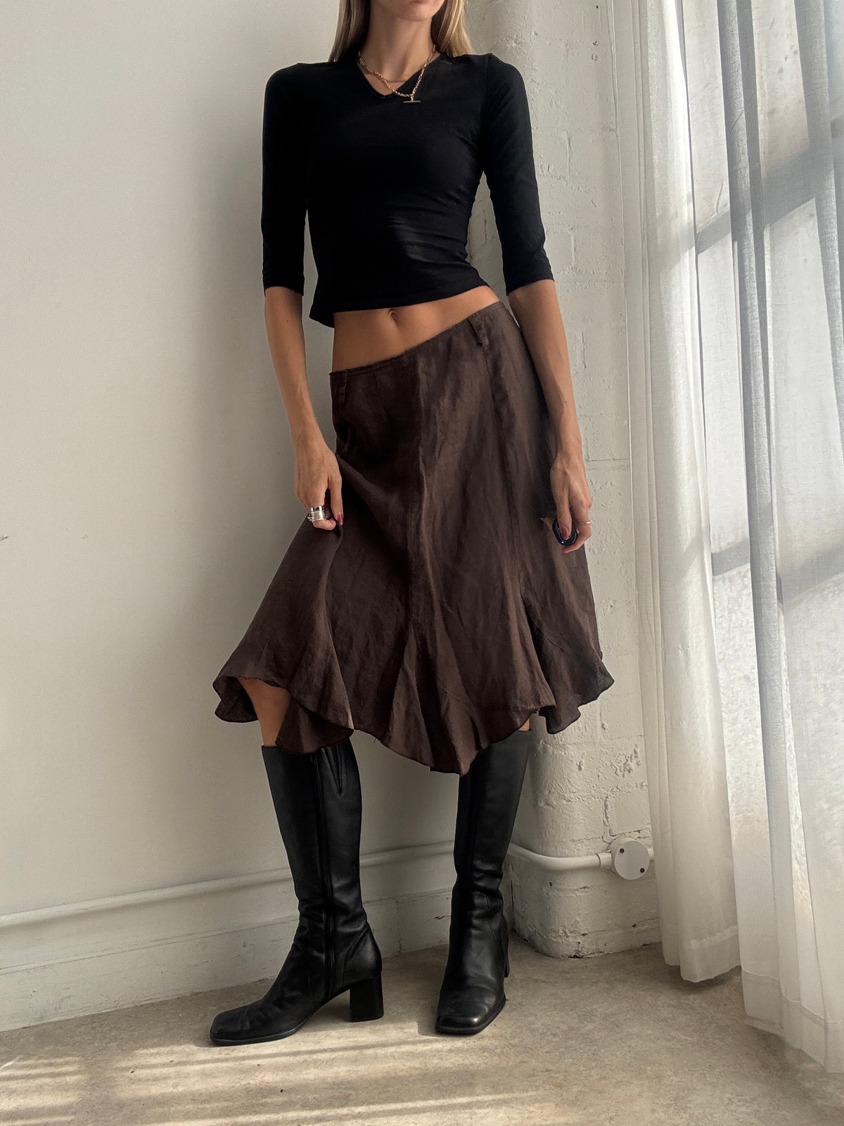 Vintage Y2K Chocolate Brown Asymmetric Midi Skirt - Size M