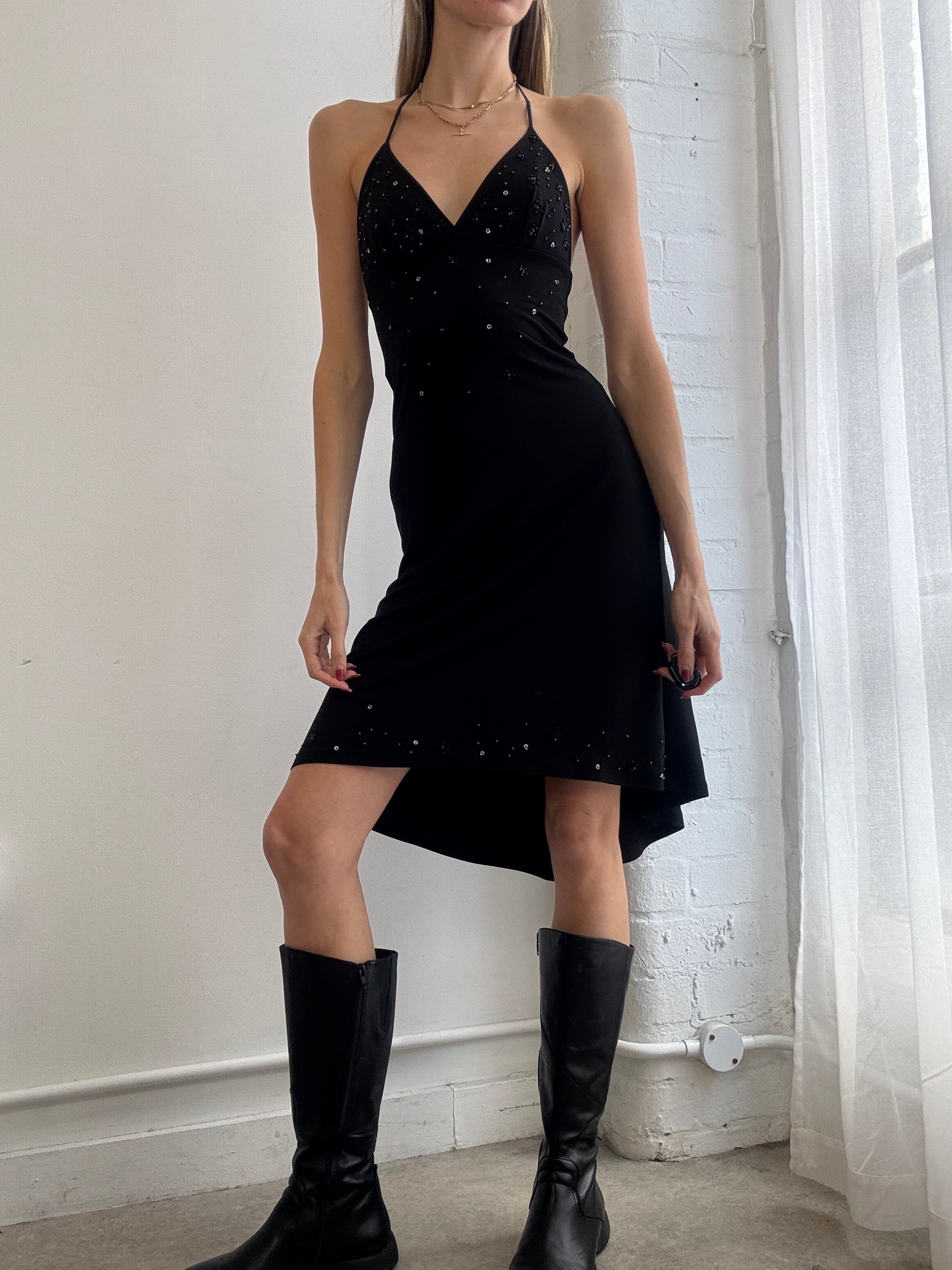 Vintage Y2K black beaded halter mini dress