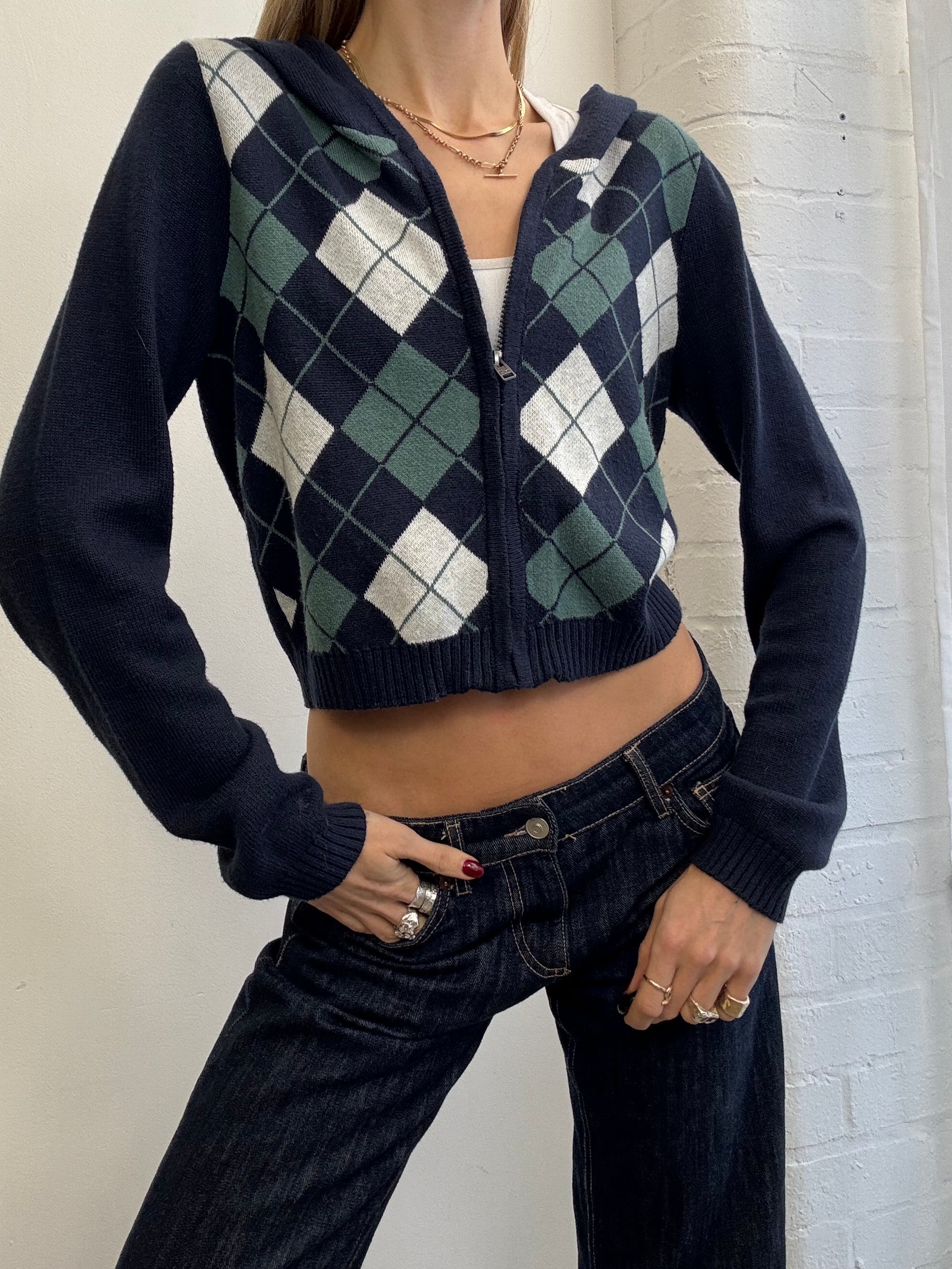 Vintage Y2K Hollister argyle print zip up hoodie navy