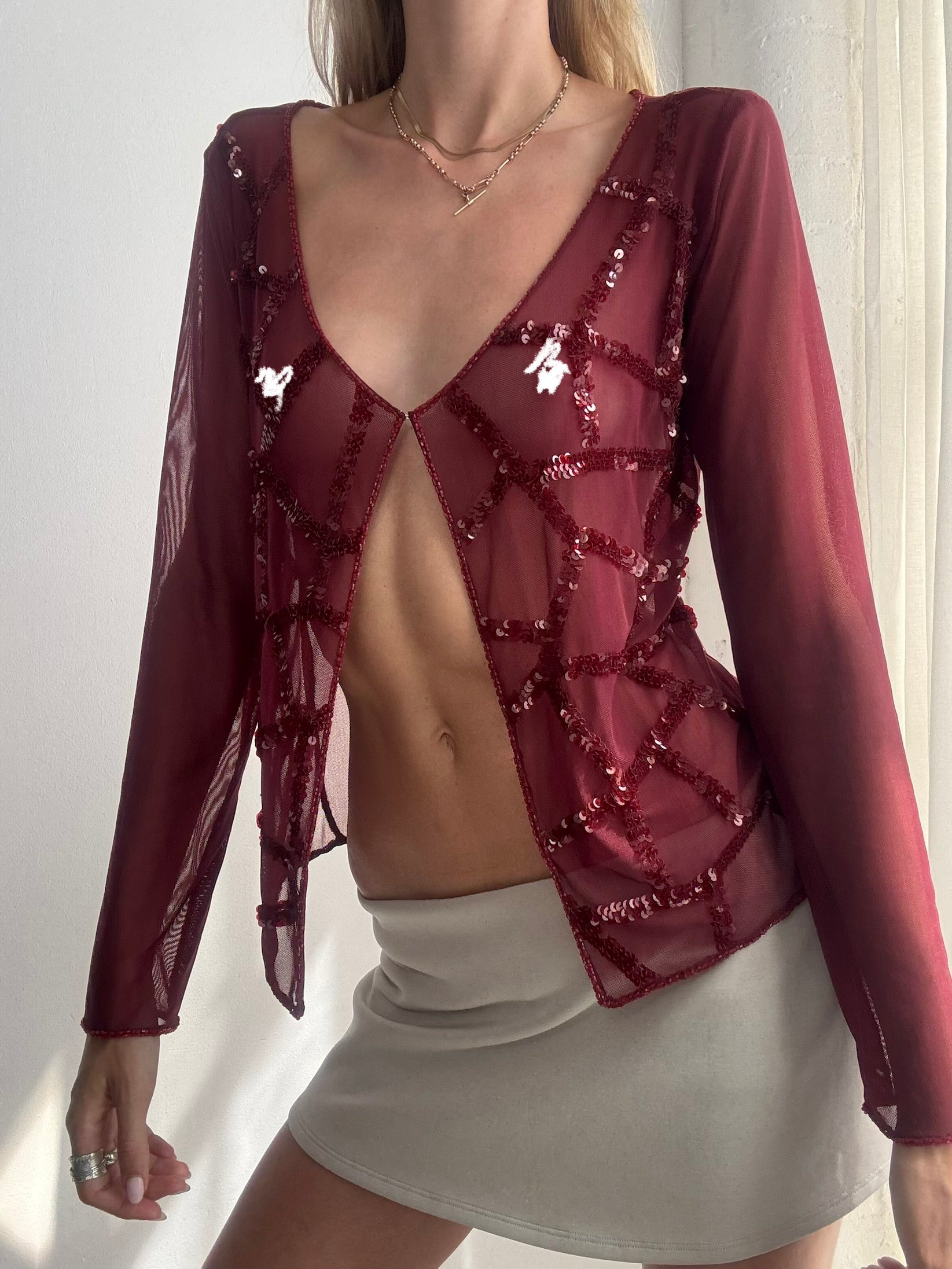 Vintage Y2K Burgundy Sequin Mesh Cardigan - Size M