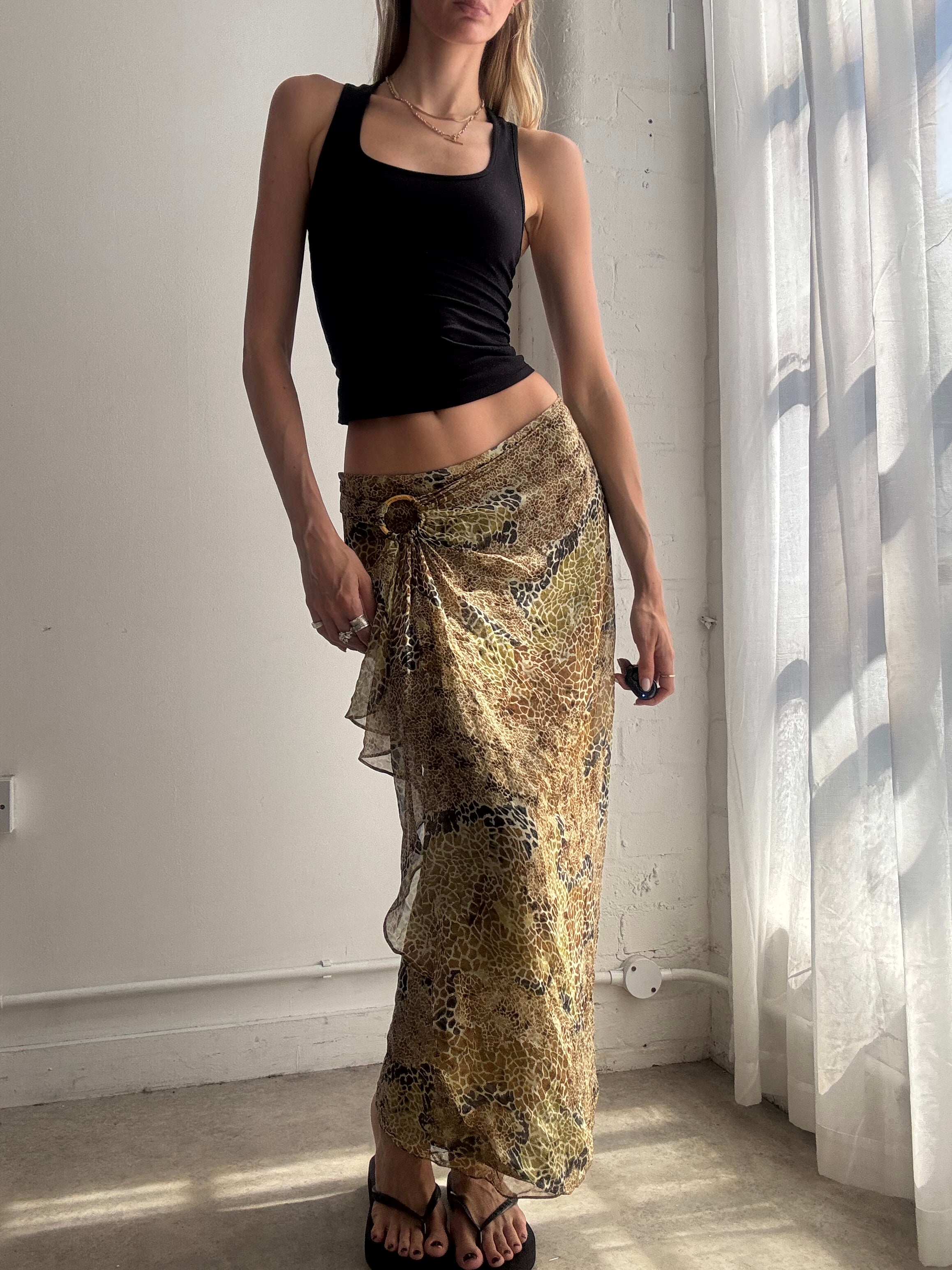 Vintage Sheer Printed Green Maxi Skirt Y2K - Size XS/S