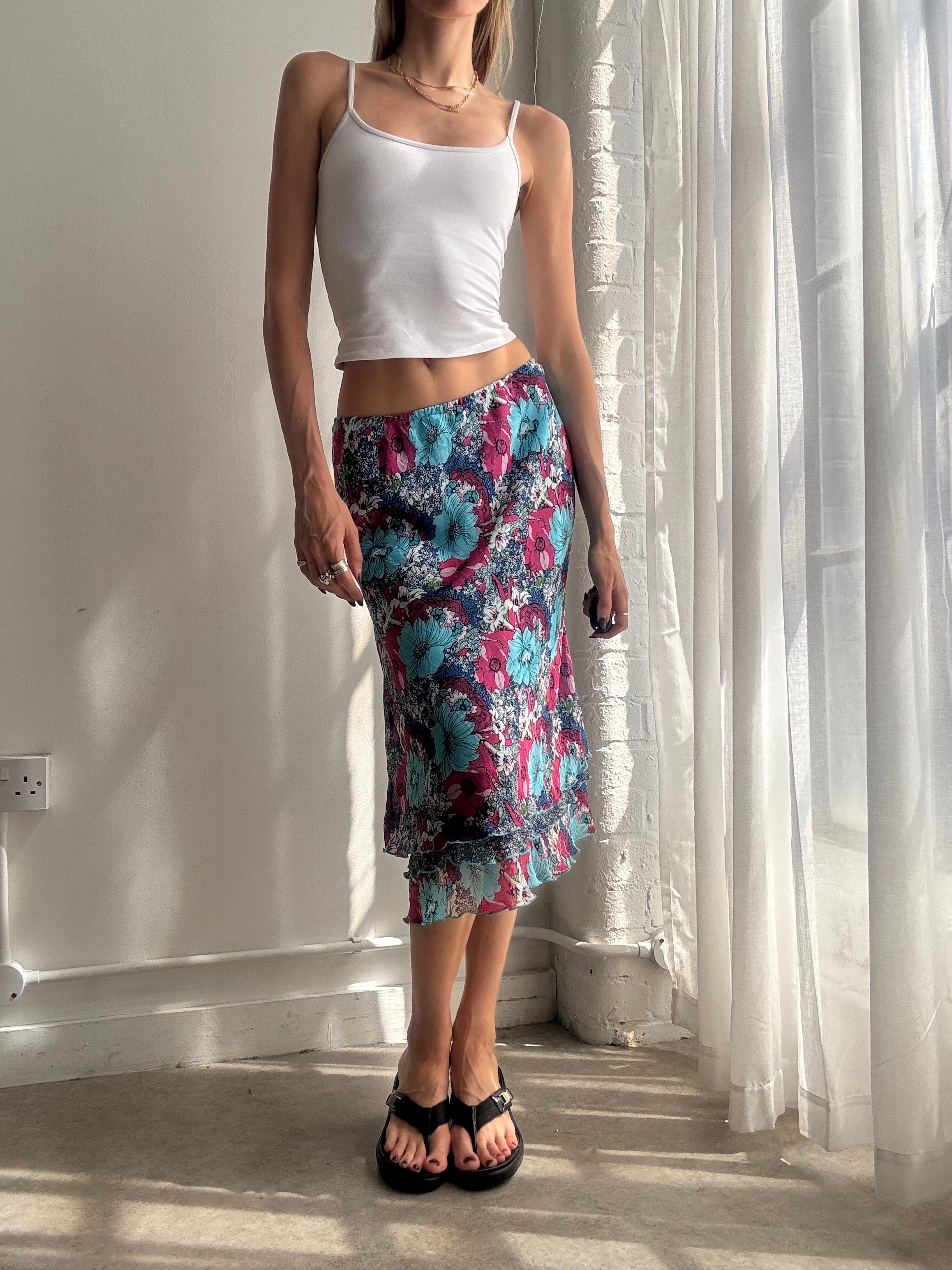 Vintage blue floral mesh midi skirt - Size L