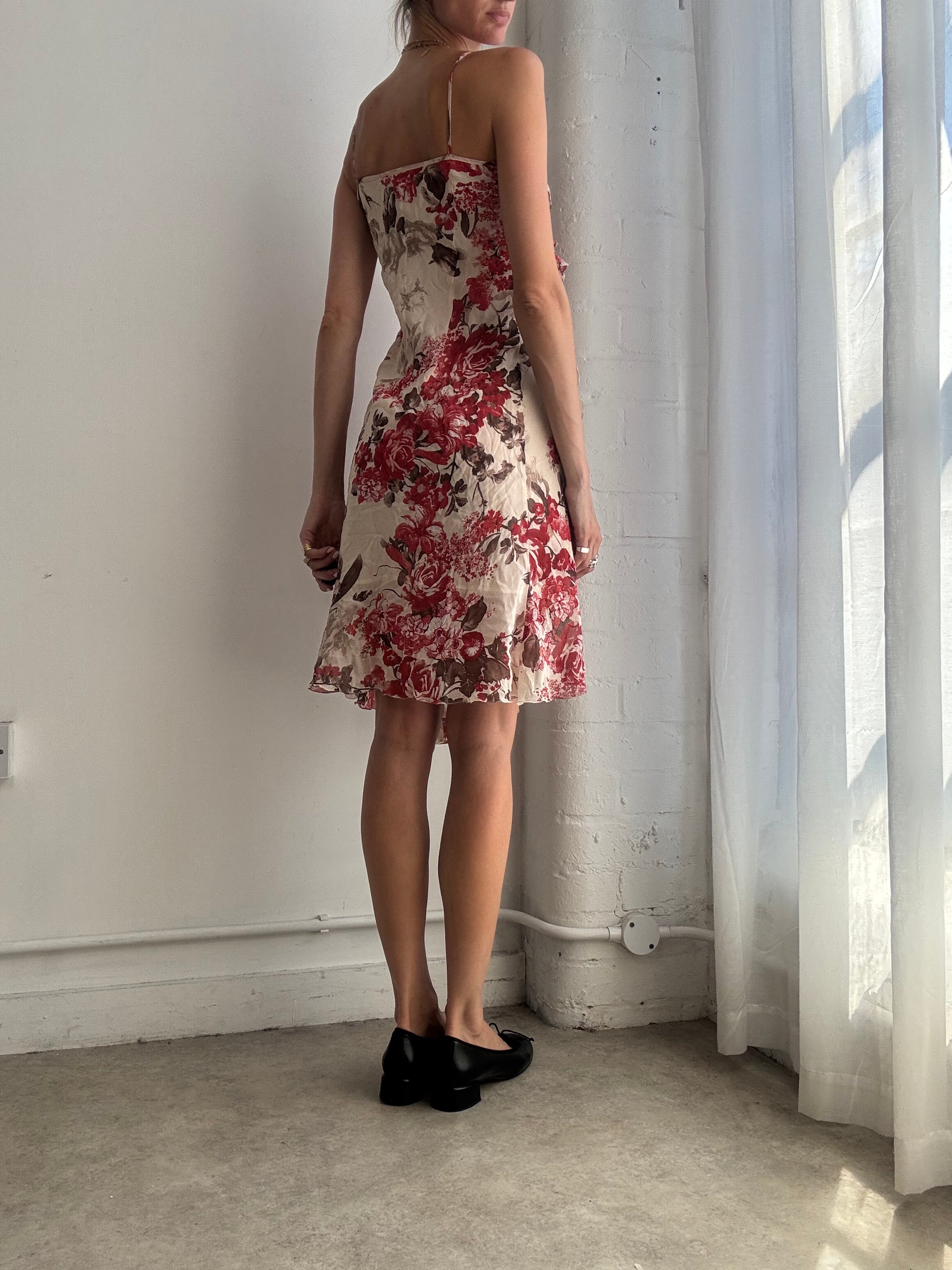 Vintage Y2K Floral Silk Wrap Ruffle Asymmetric Slip Dress - Size S/M