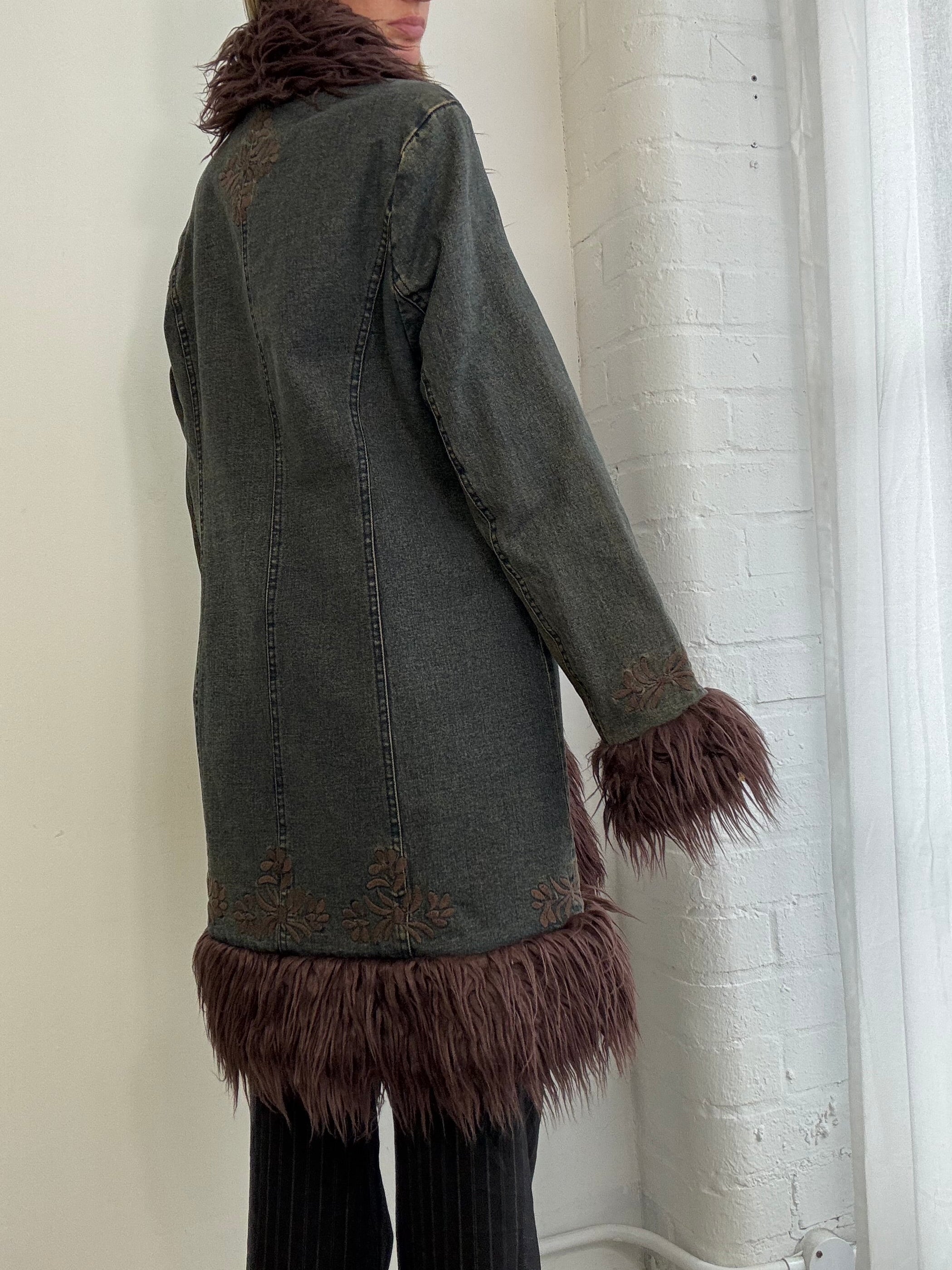 Vintage Y2K denim embroidered afghan coat