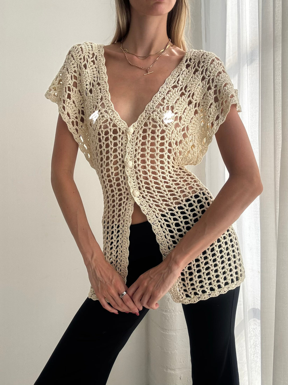 Vintage 90s Cream Crochet Button Up Top - Size S