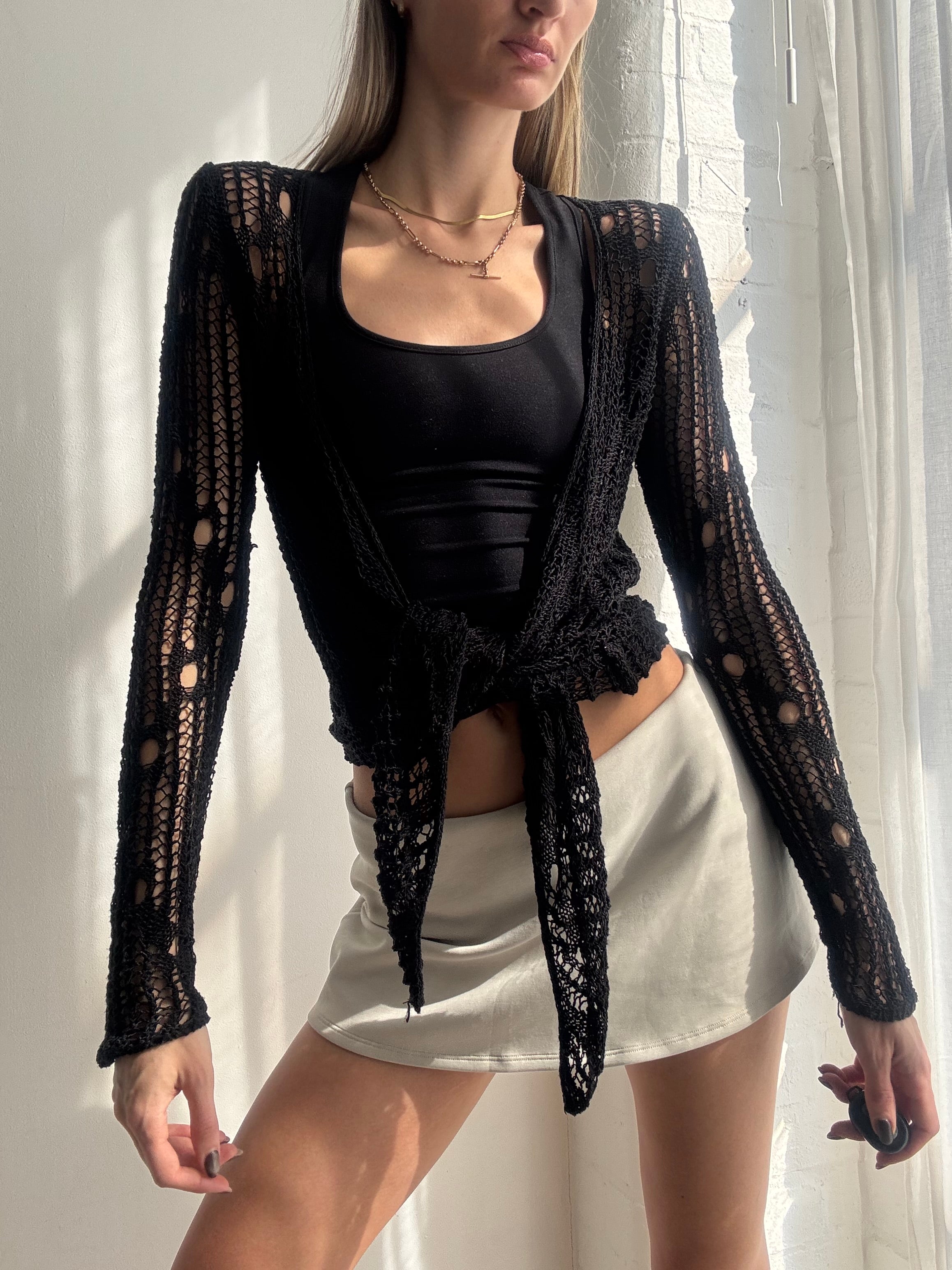 Vintage Y2K black crochet tie front cardigan - Size S/M