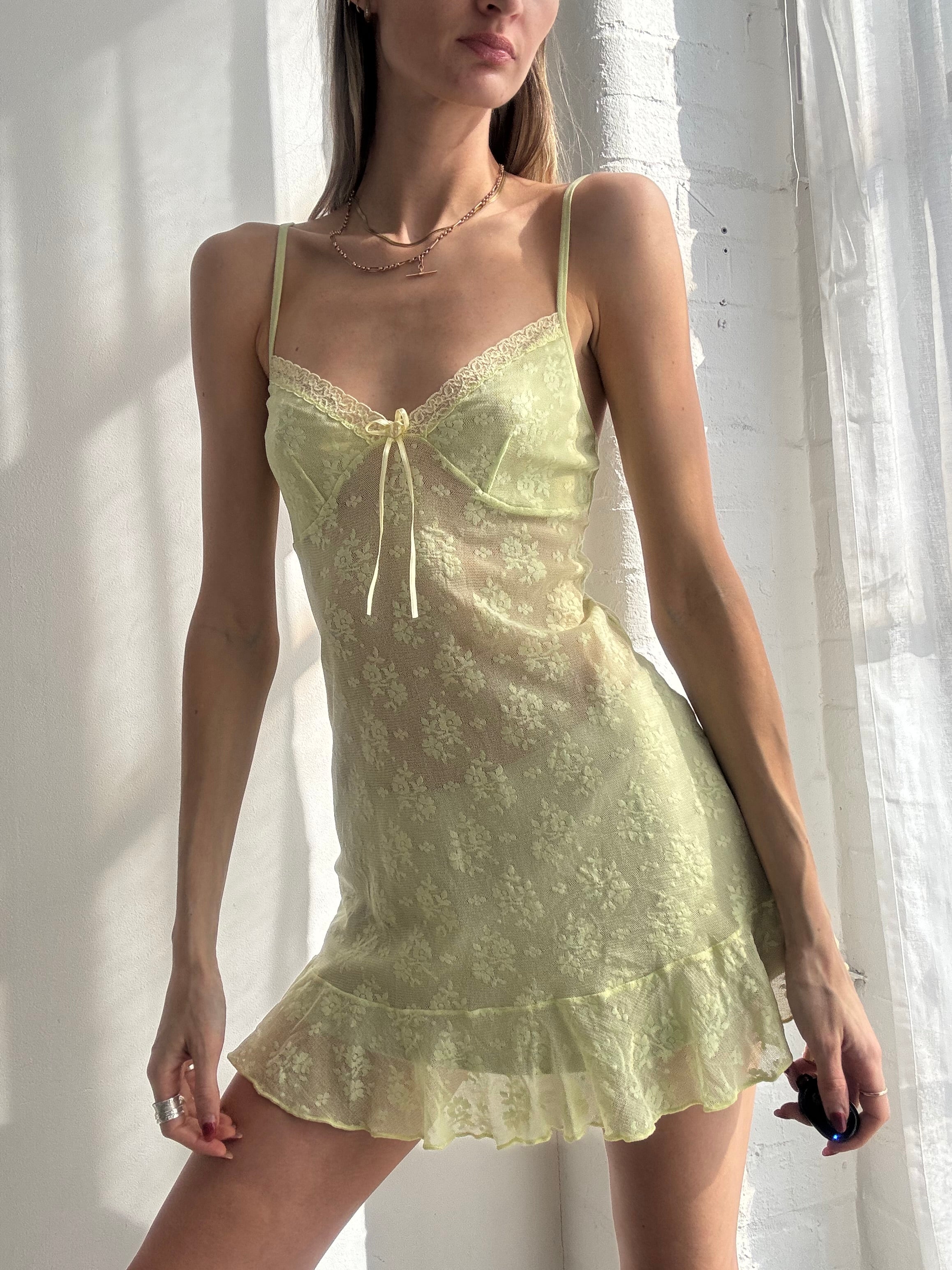 Vintage Y2K lime green lace slip mini dress