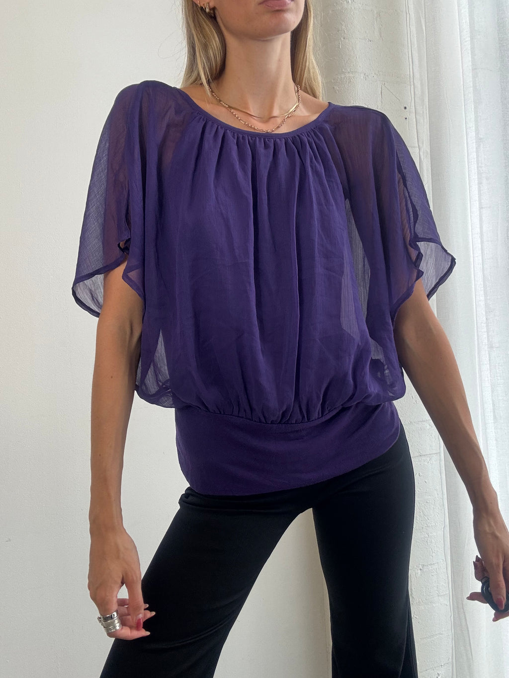 Vintage Y2K Purple Chiffon Batwing Top - Size S