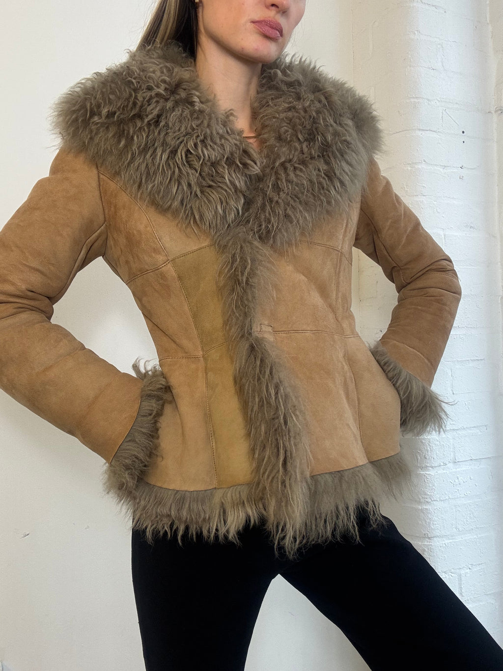 Vintage Y2K Tan Suede & Shaggy Shearling Trim Penny Lane Jacket - Size XS
