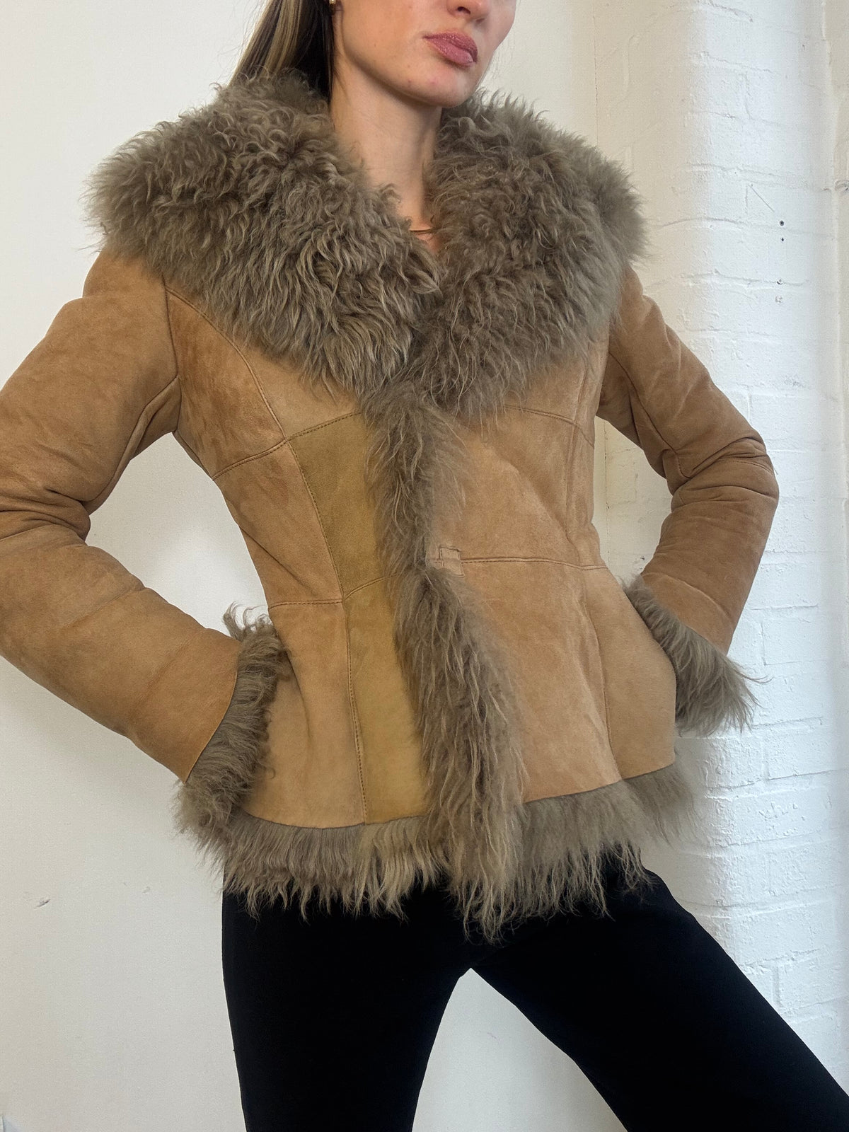Vintage Y2K Tan Suede & Shaggy Shearling Trim Penny Lane Jacket - Size XS