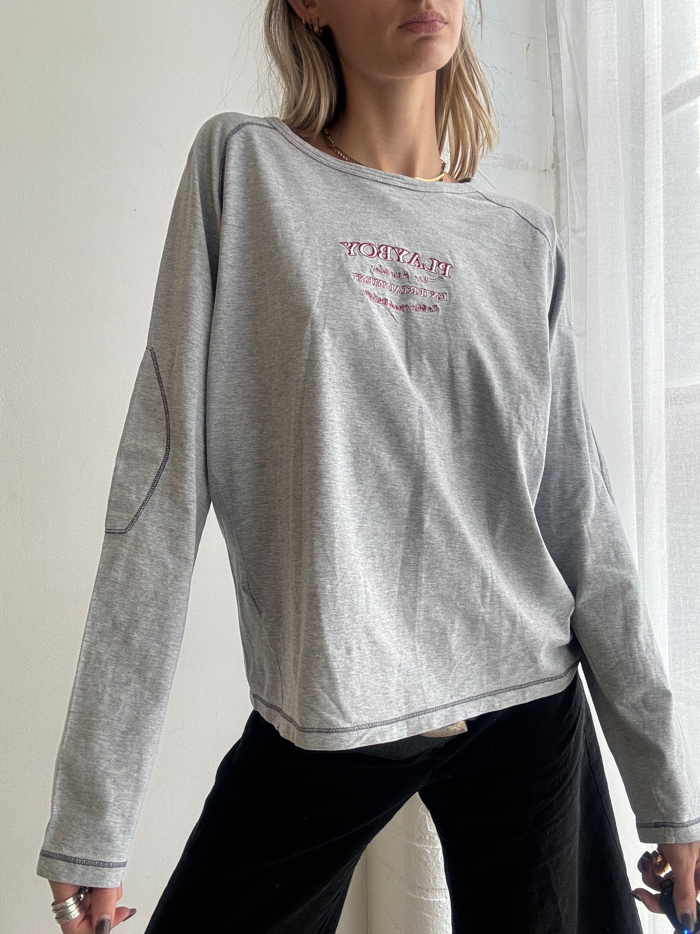 Vintage y2k playboy grey long sleeve slogan top - Size L