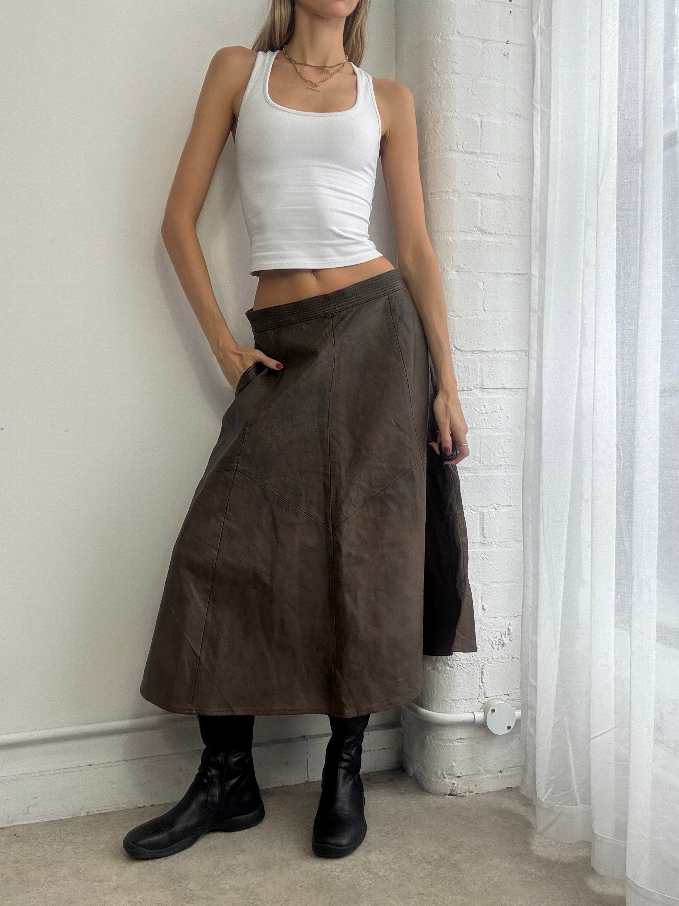 Vintage 90s distressed brown leather maxi skirt