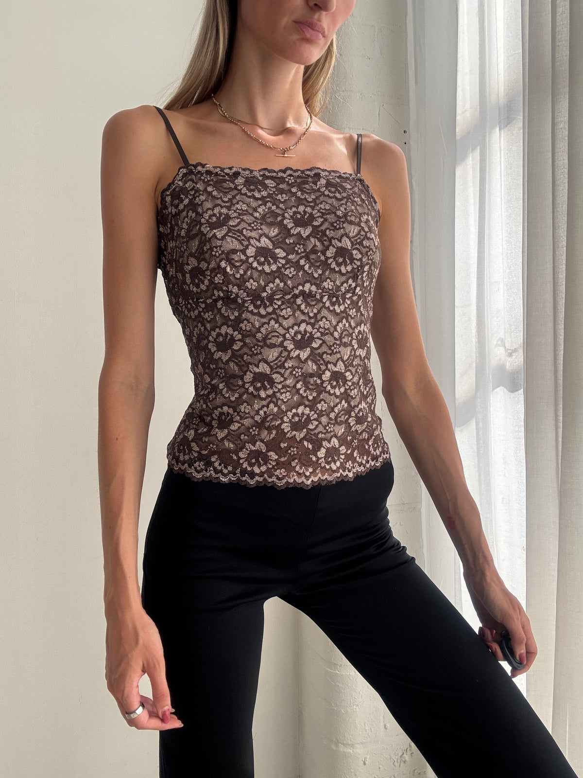 Vintage Y2K Brown Lace Cami Top - Size L