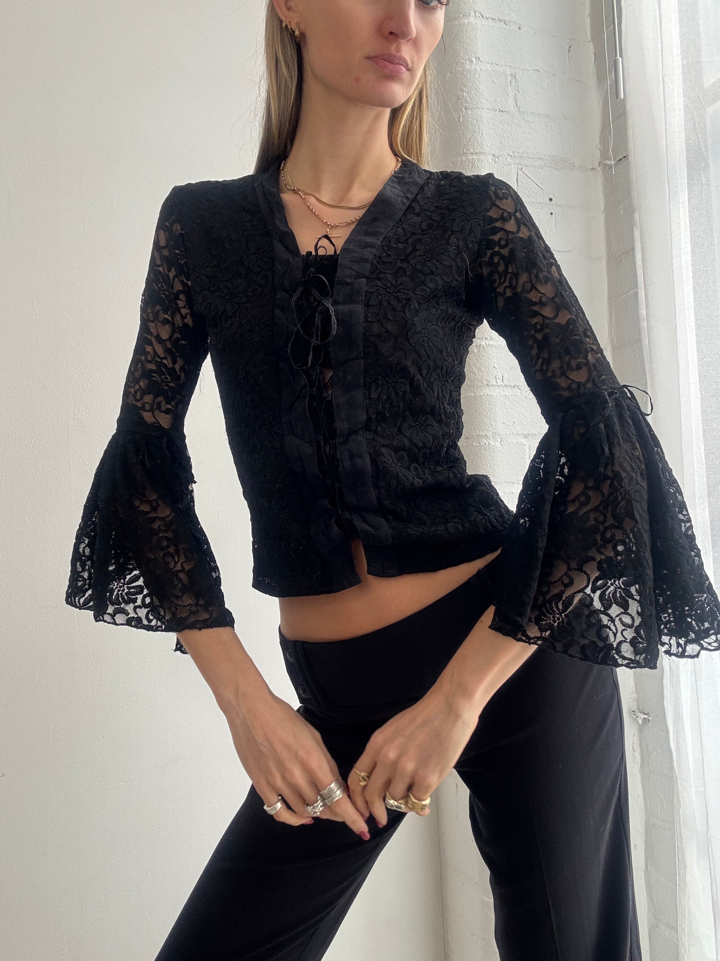 Vintage Y2K black lace bell sleeve top