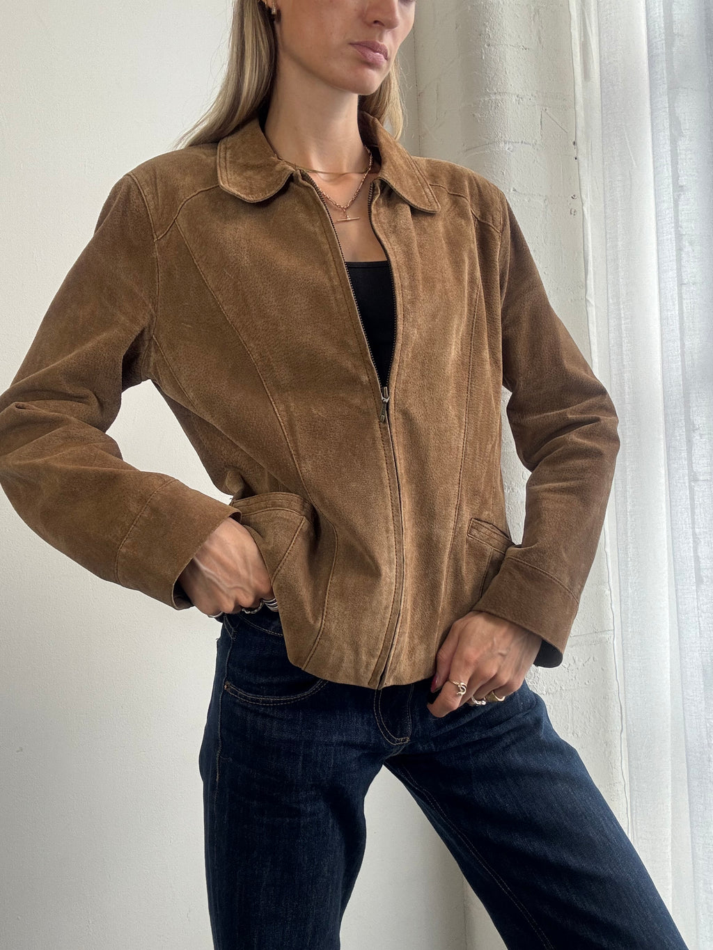 Vintage 90s Tan Brown Suede Zip Up Jacket - Size M