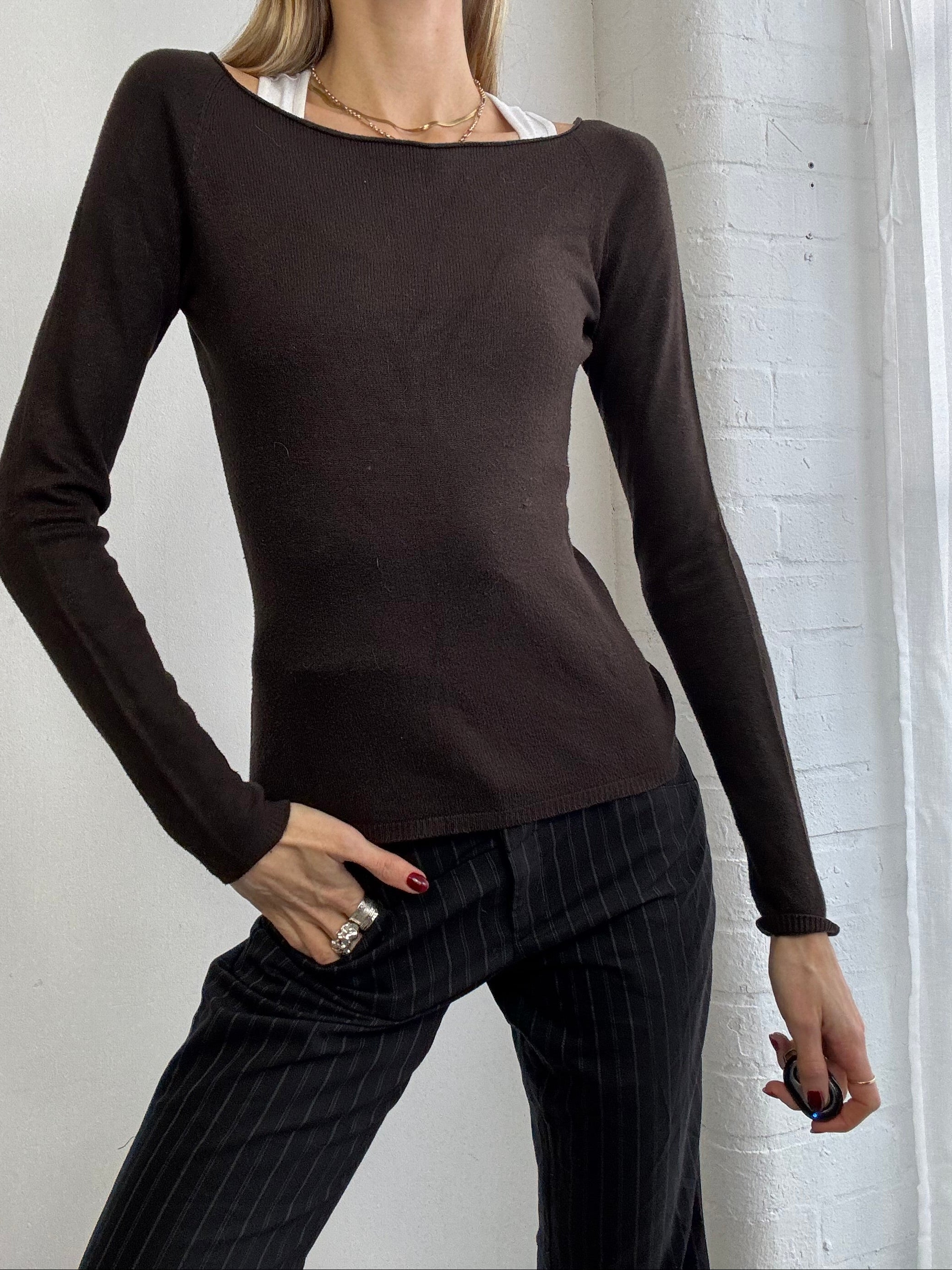 Vintage Y2K cashmere boat neck top brown