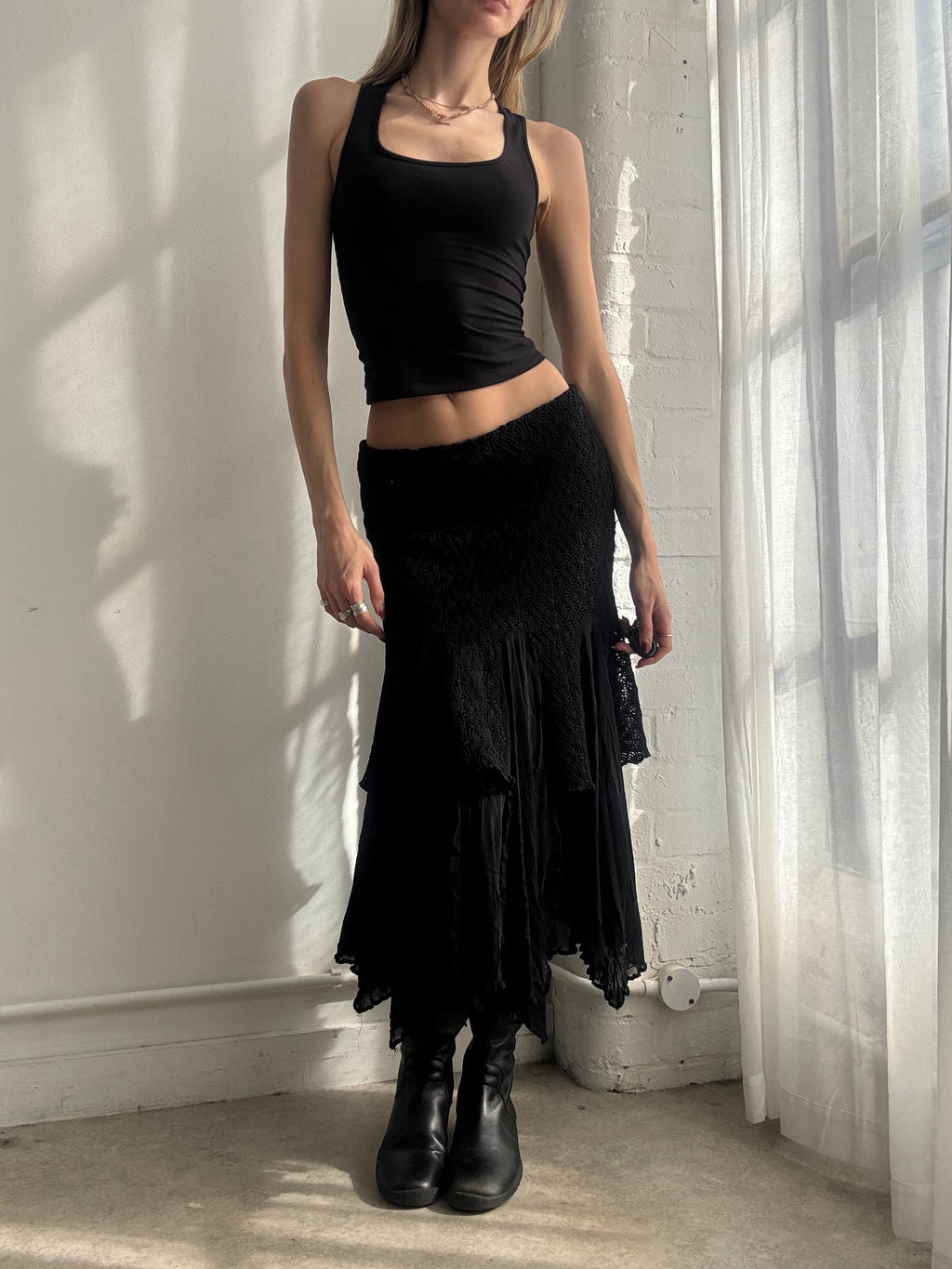 Vintage Y2K black crochet tiered ruffle midi skirt