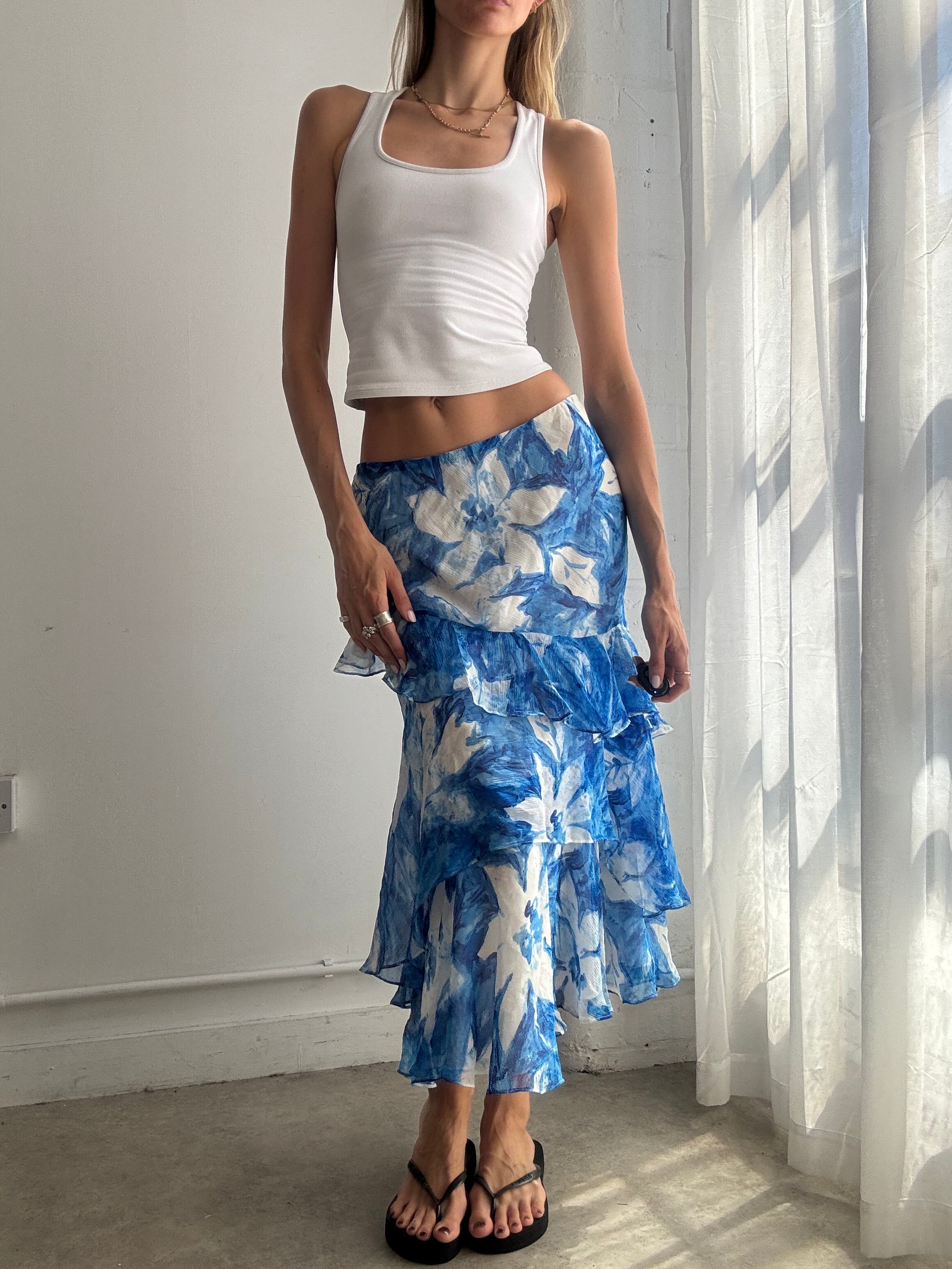 Vintage Ralph Lauren 100% Silk Blue Tropical Floral Ruffle Maxi Skirt Y2K - Size L