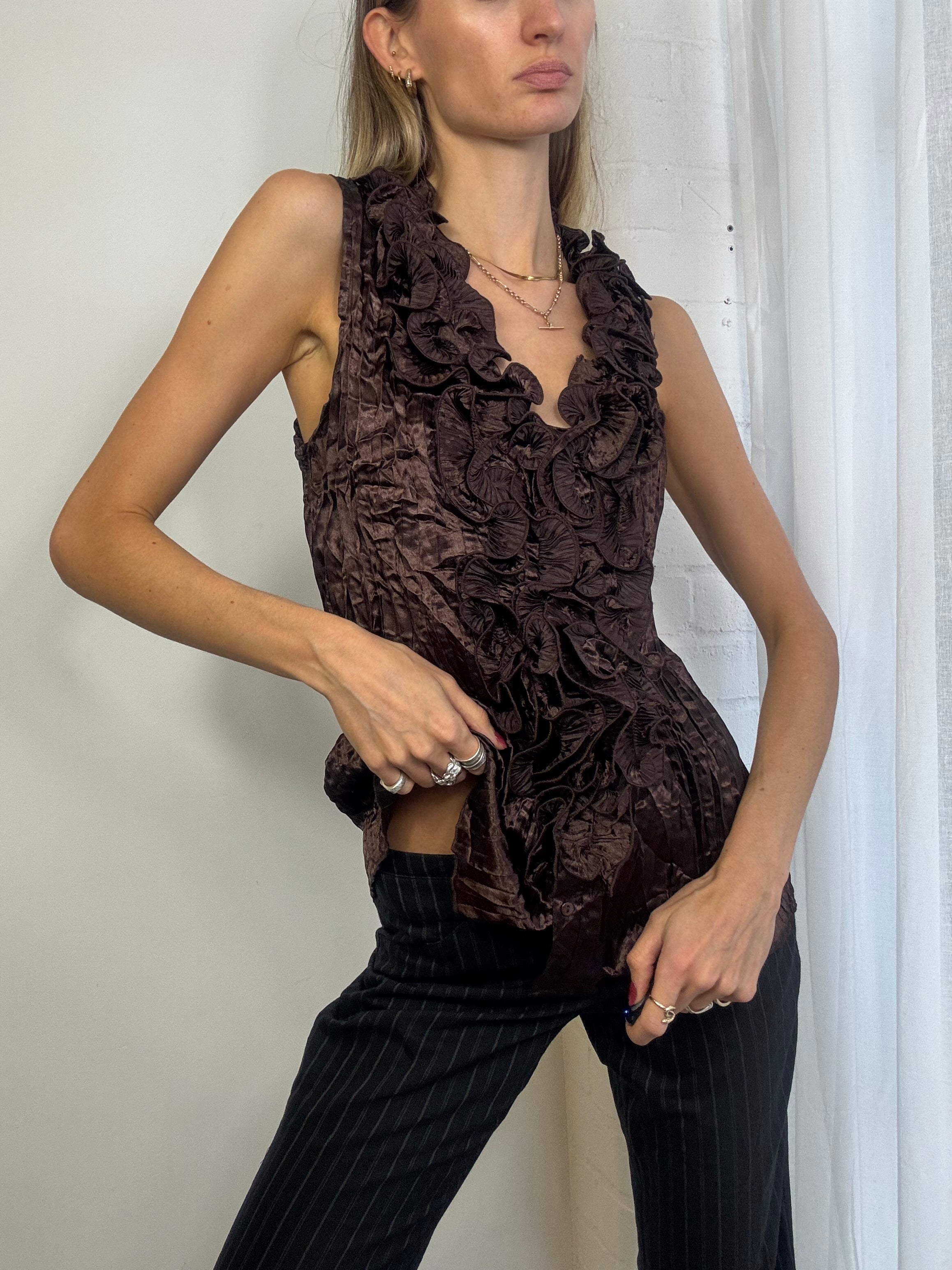 Vintage Y2K brown satin ruffle top