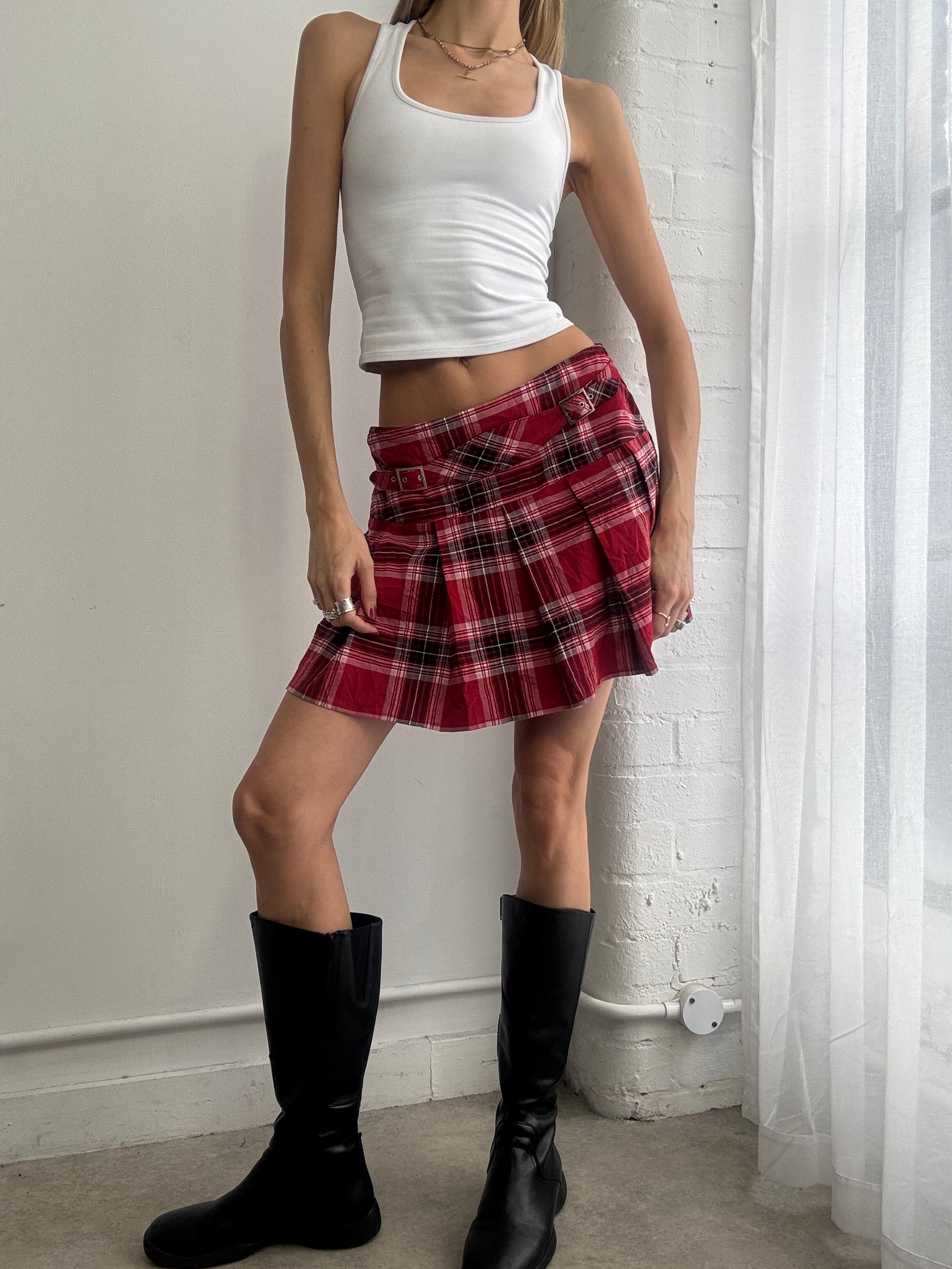 Vintage Y2K plaid pleated mini skirt buckles