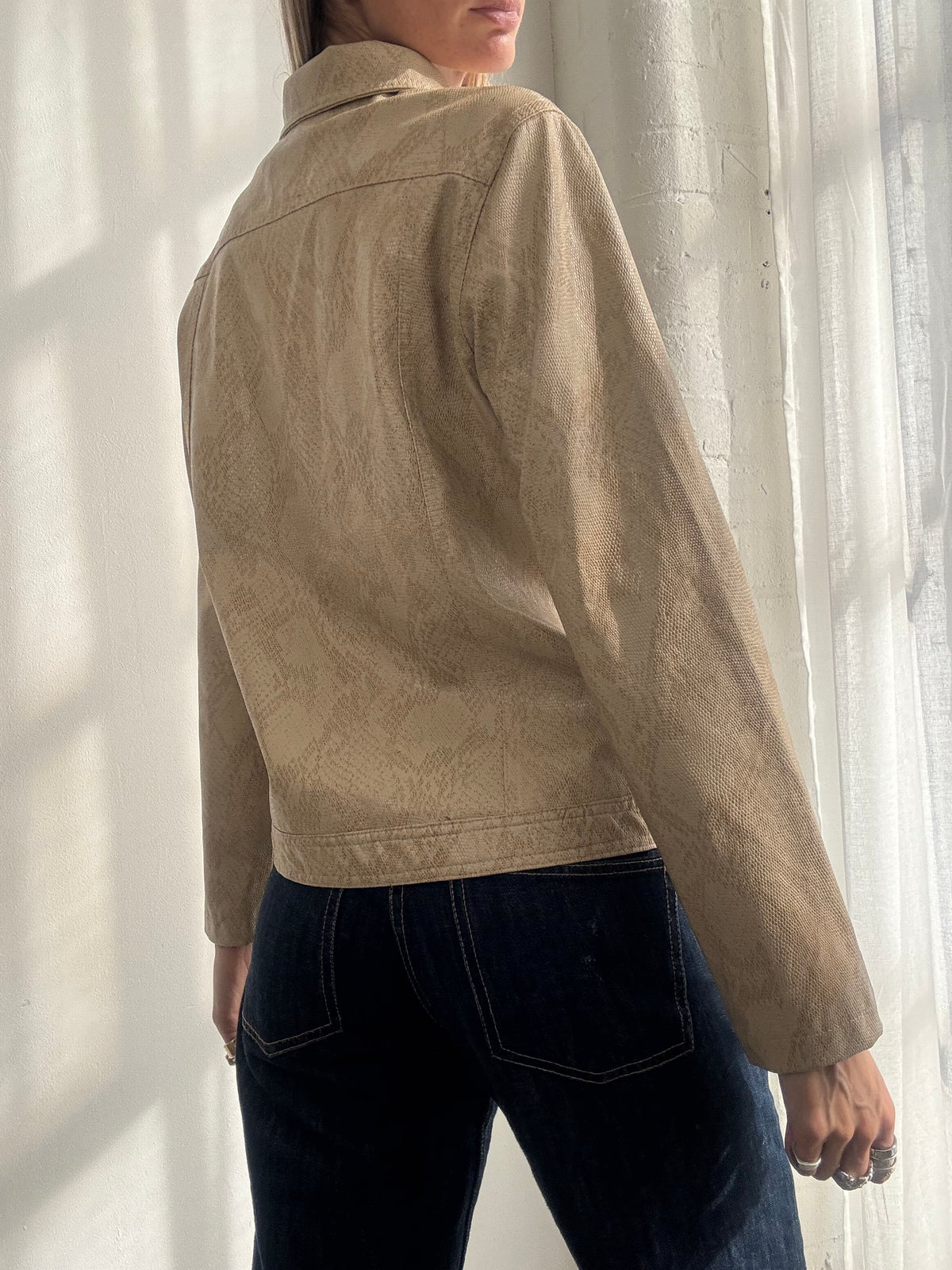 Vintage Y2K Beige Snake Print Faux Leather Jacket - Size S