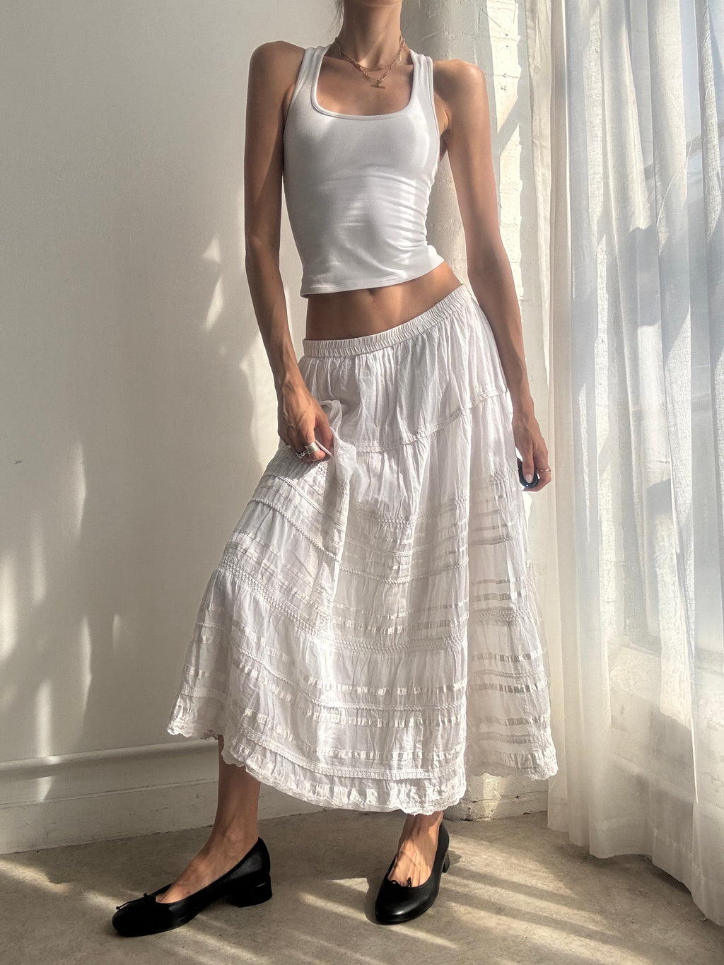 Vintage Y2k White Cotton & Lace Tiered Maxi Skirt - Size S/M
