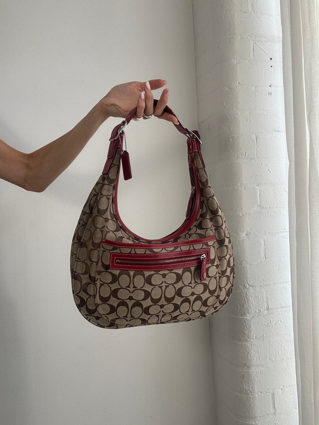 Vintage Y2K Coach Signature Soho Hobo Bag – Brown Monogram Canvas & Red Leather Trim