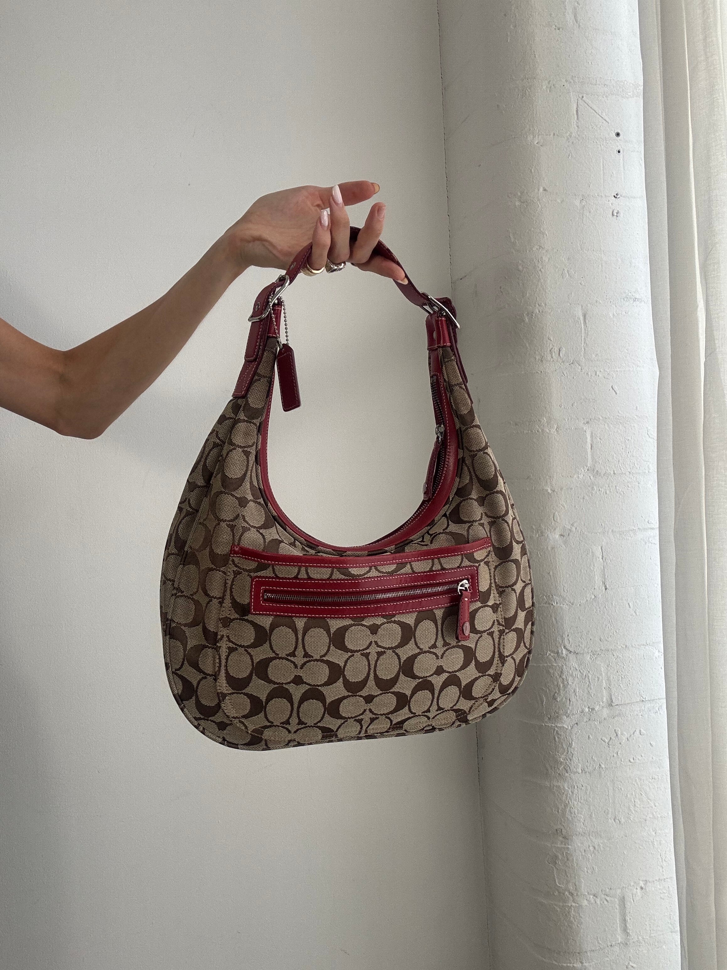 Vintage Y2K Coach Signature Soho Hobo Bag – Brown Monogram Canvas & Red Leather Trim