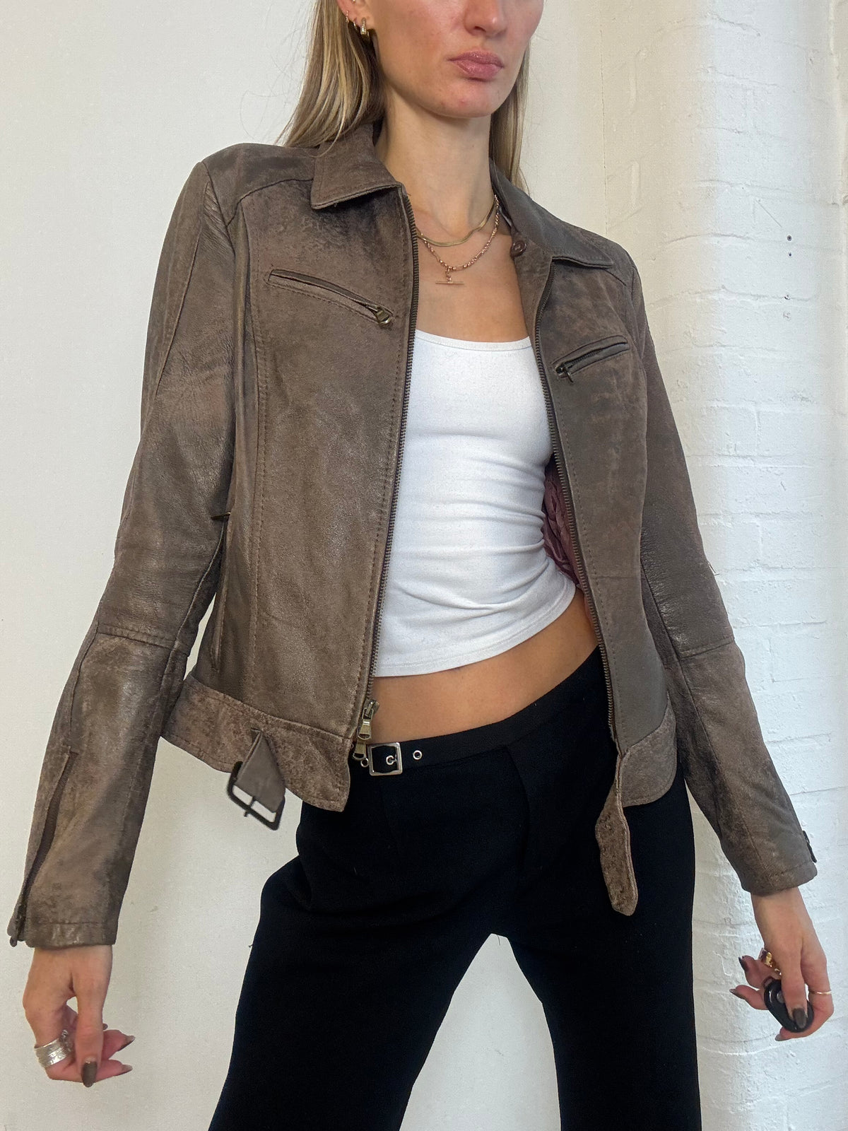 Vintage Y2K Distressed Taupe Real Leather Belted Zip Jacket - Size S