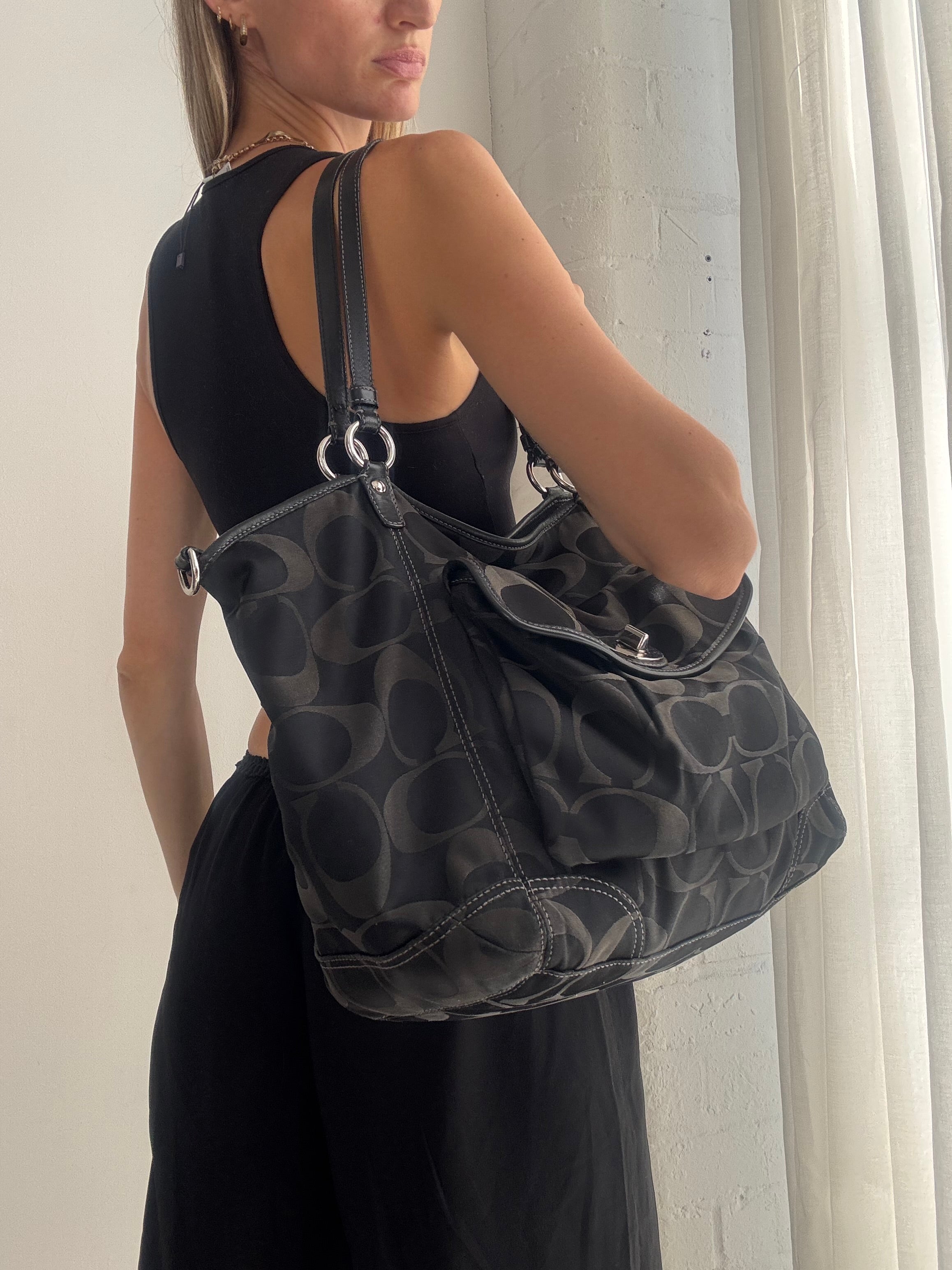Vintage Y2K Coach Signature Hobo Bag – Black Monogram Canvas Shoulder Bag