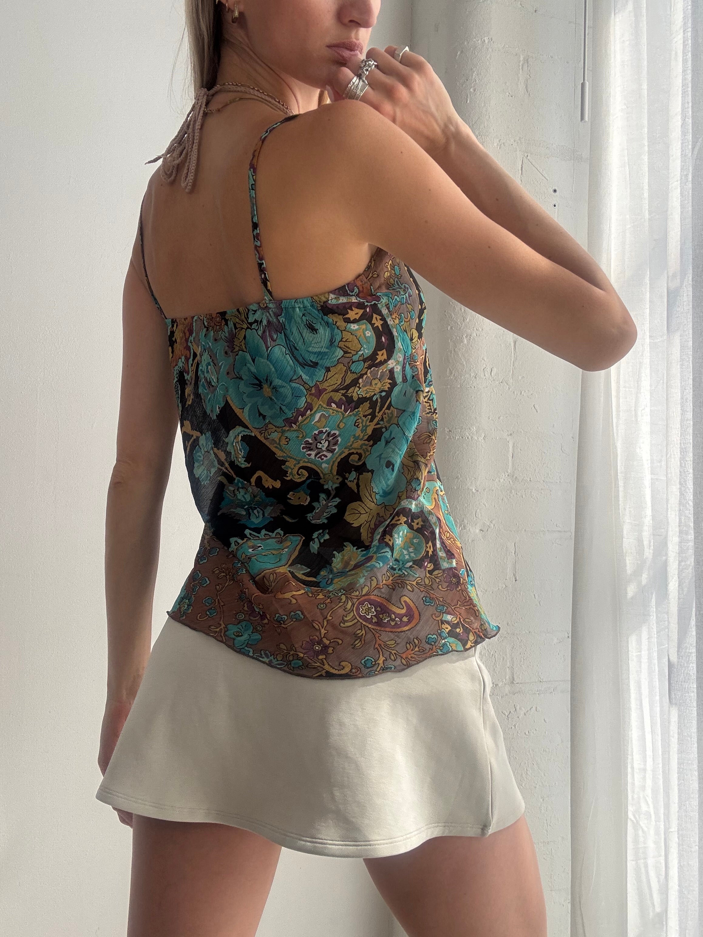 Vintage Y2K Floral Embellished Mesh Cami Top Fairy Boho - Size S/M