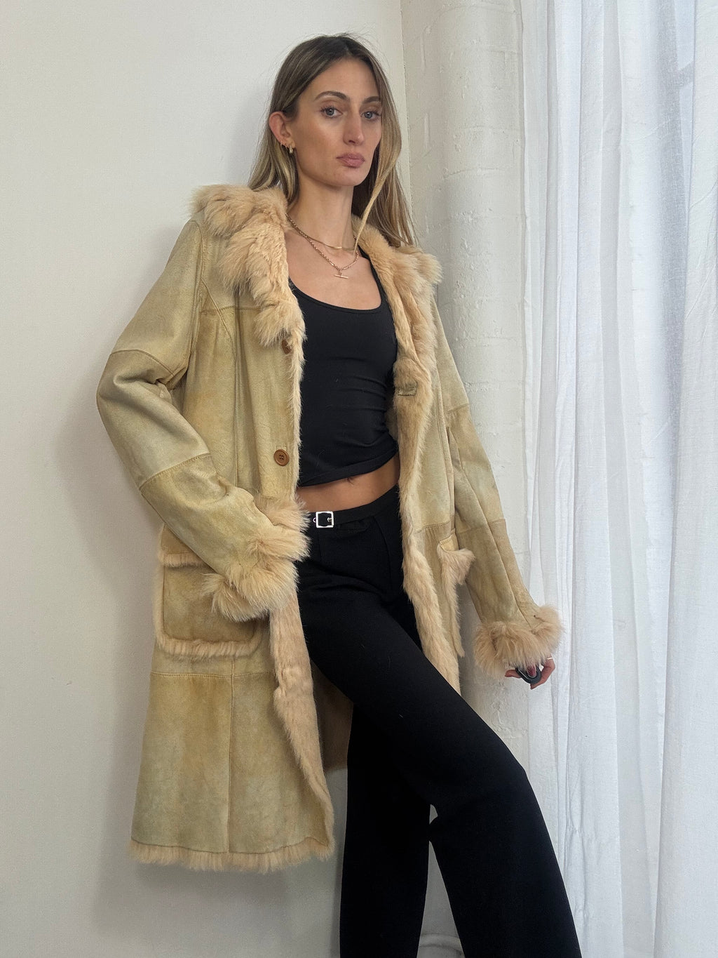 Vintage Y2K cream genuine suede long coat real fur trim