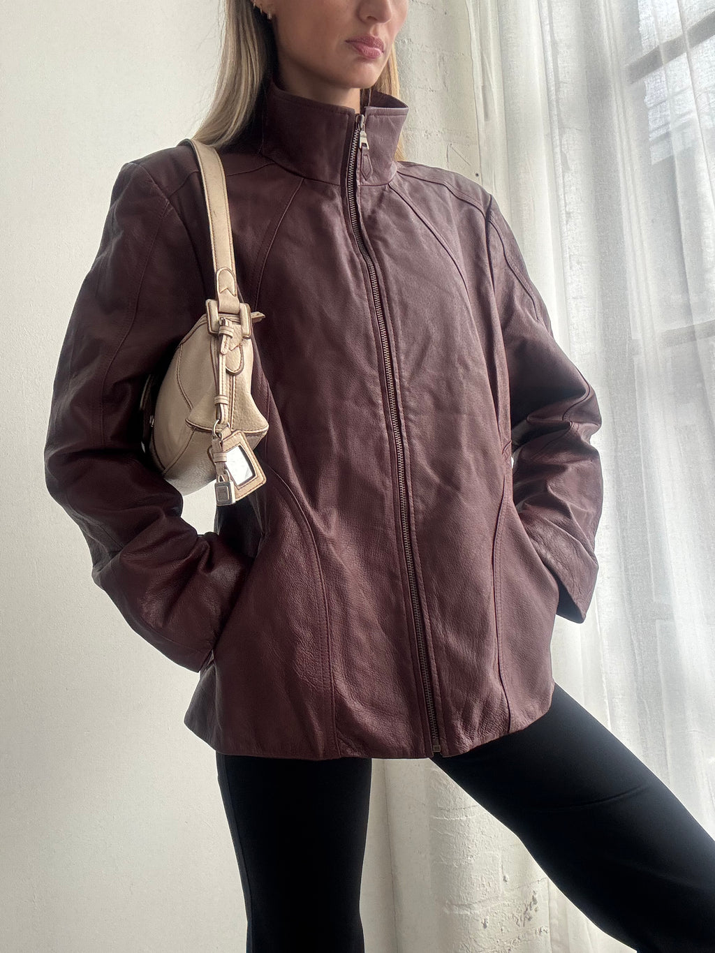 Vintage Y2K Burgundy Leather Zip Up Jacket - Size L