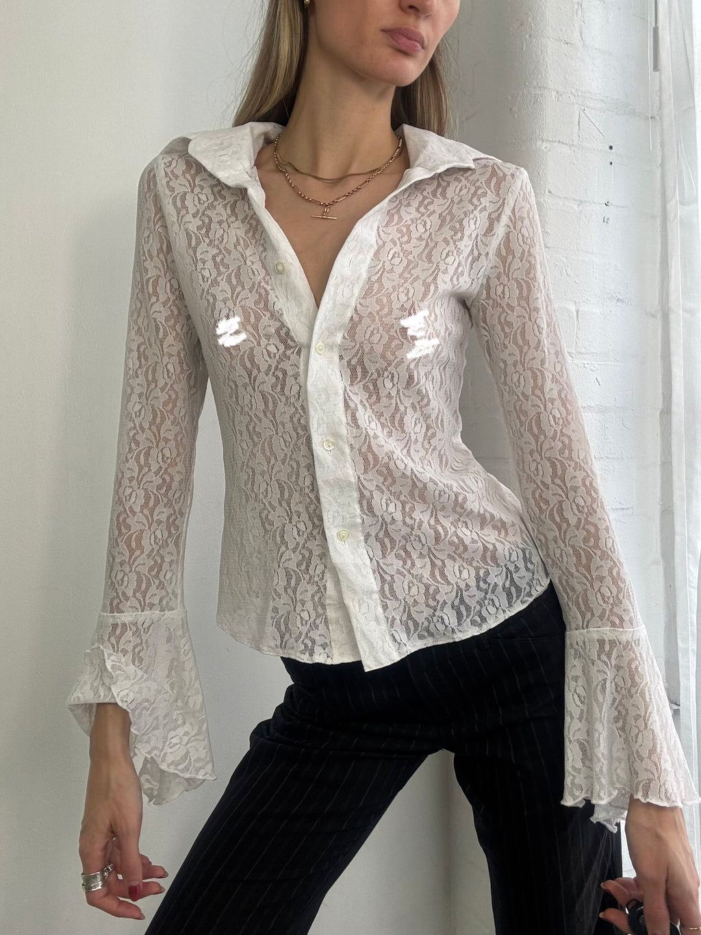 Vintage 90s sheer white lace button up blouse