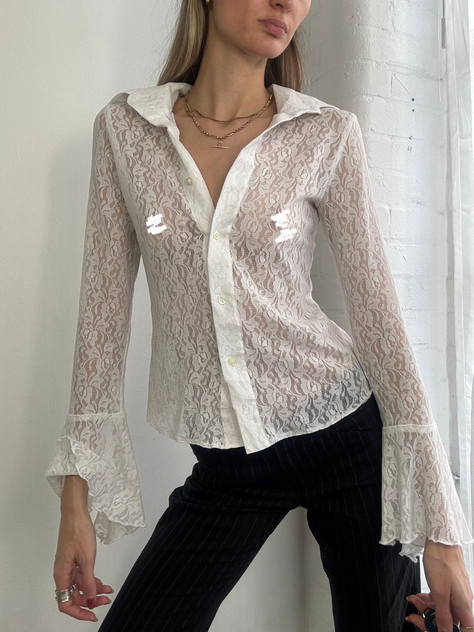 Vintage 90s sheer white lace button up blouse