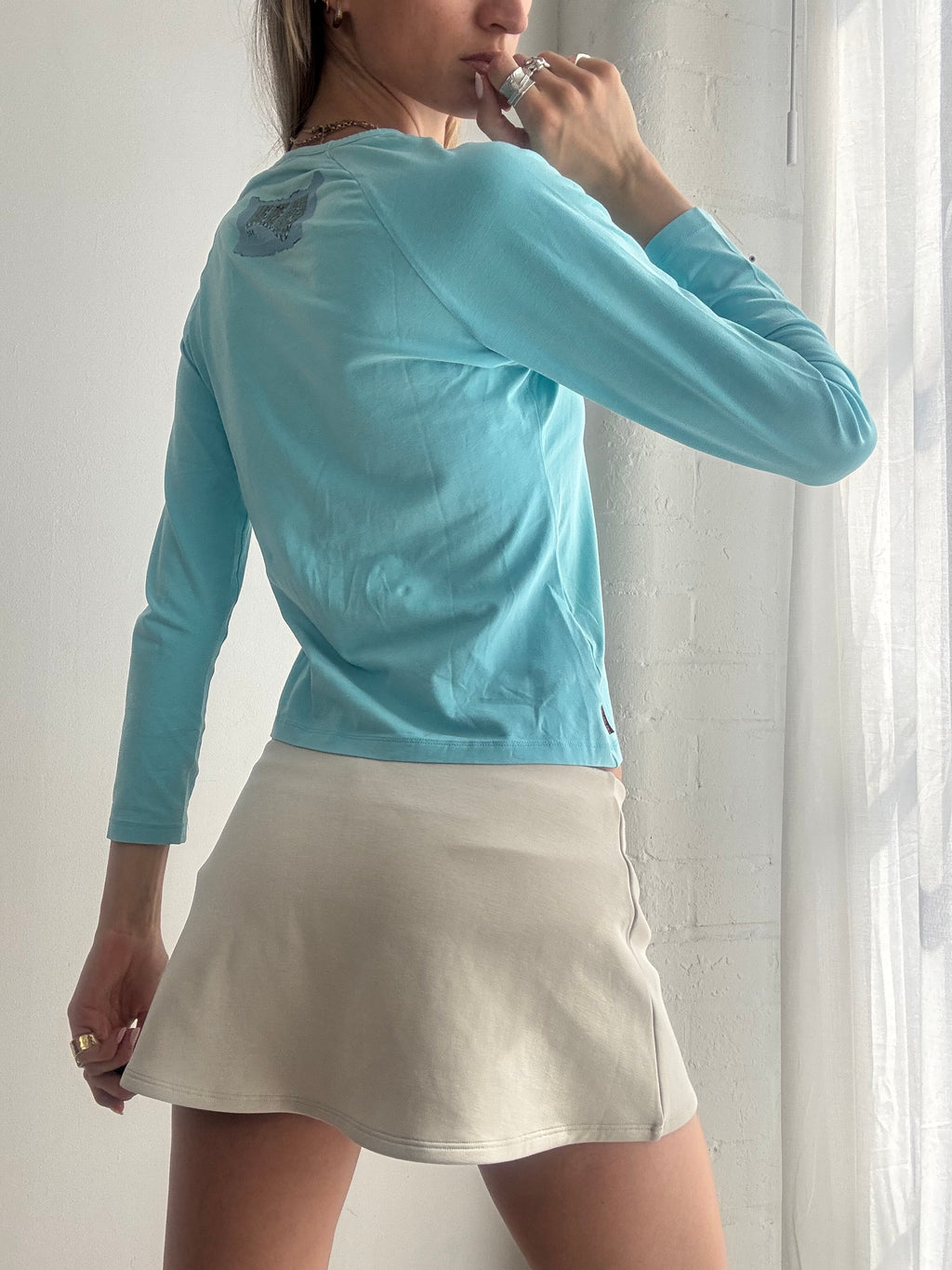 Vintage Y2K Aqua Blue Long Sleeve V neck Top Fairy Grunge Coquette - Size M