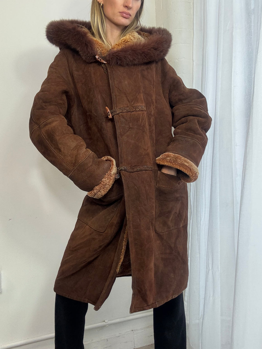 Vintage sheepskin suede long hooded coat fur trim