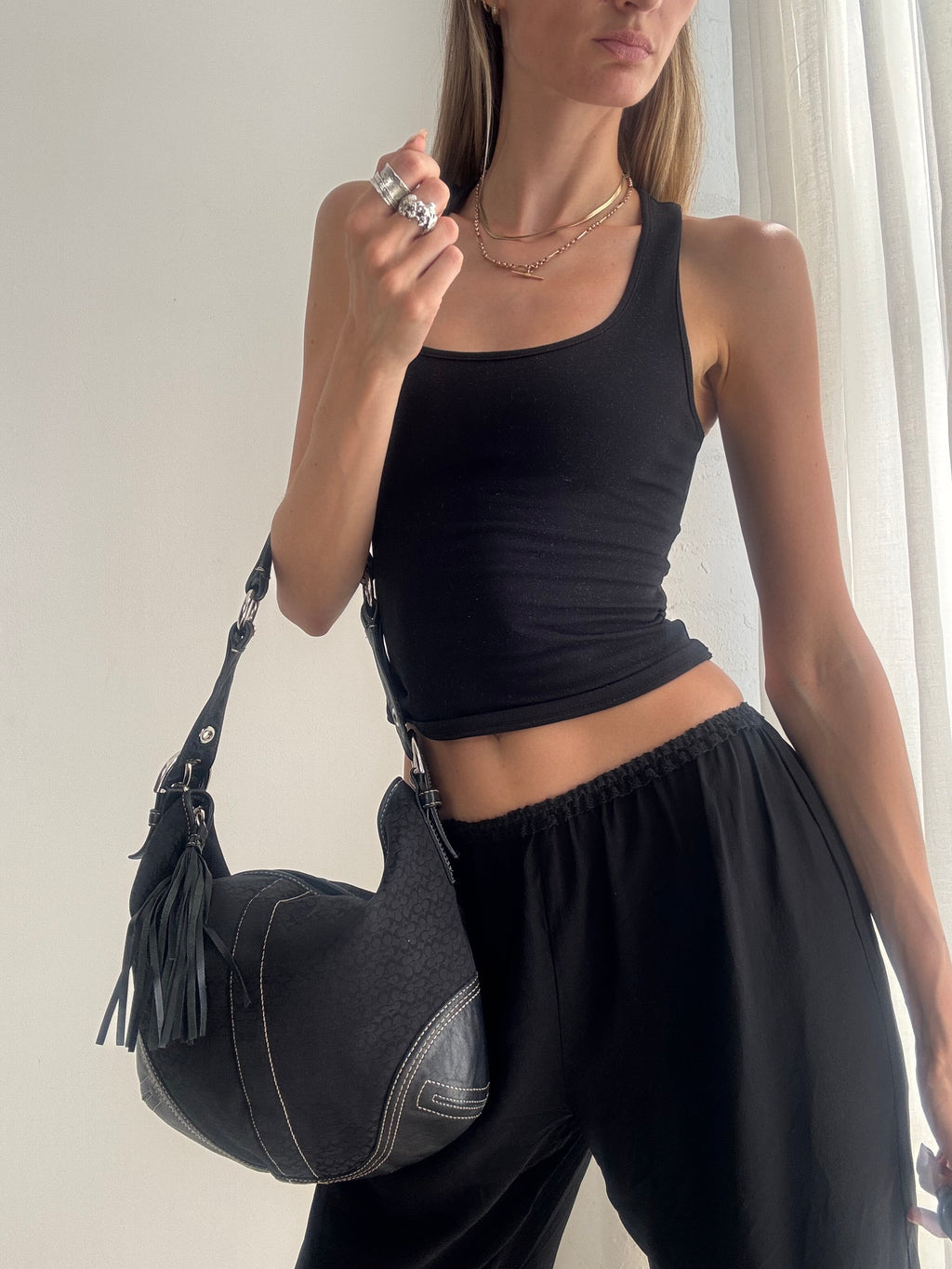 Vintage Y2K Coach Signature Hobo Bag – Black Monogram Canvas Tassel Shoulder Bag