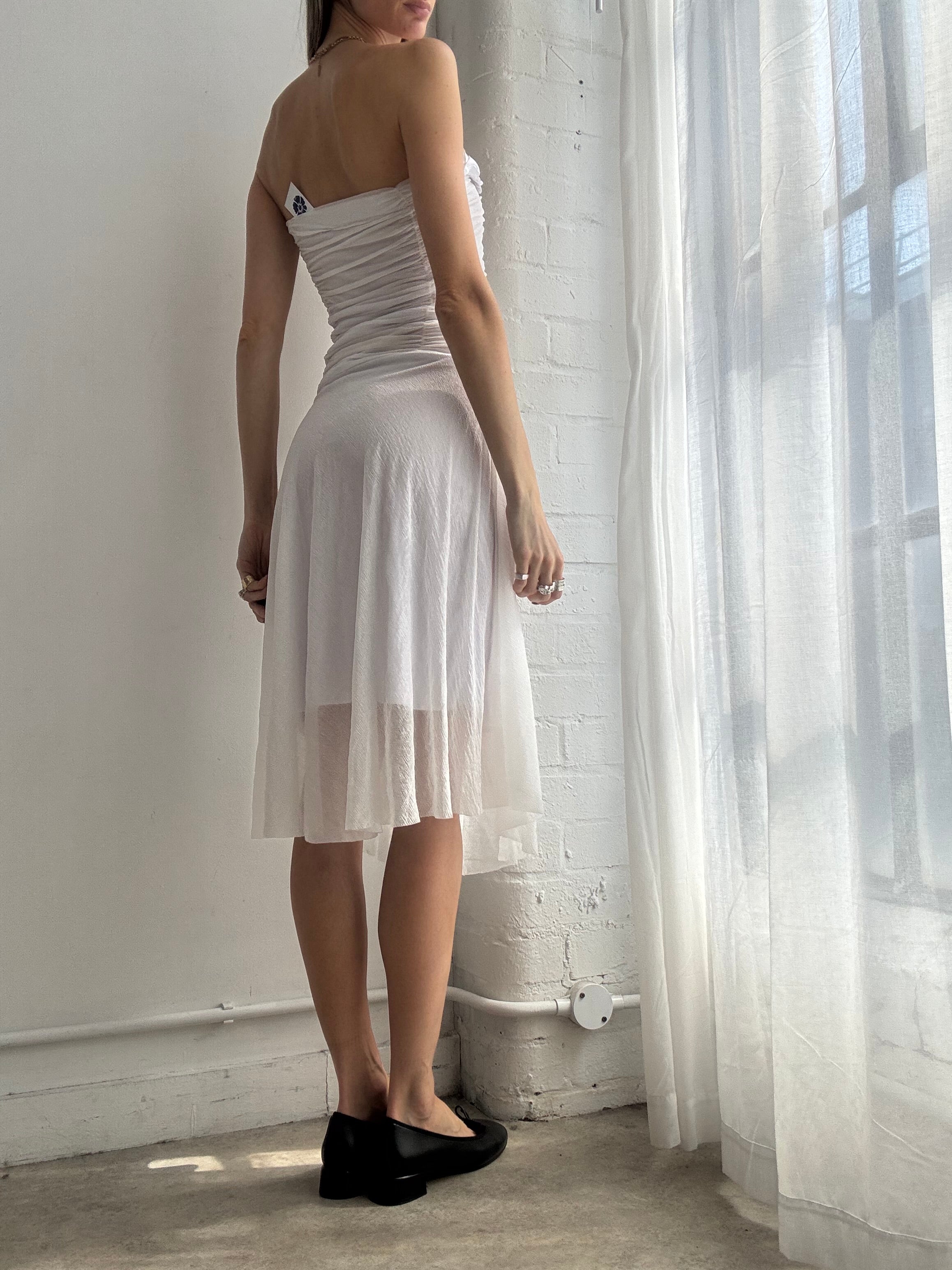 Vintage Y2K white ruched strapless mesh midi dress - Size XS