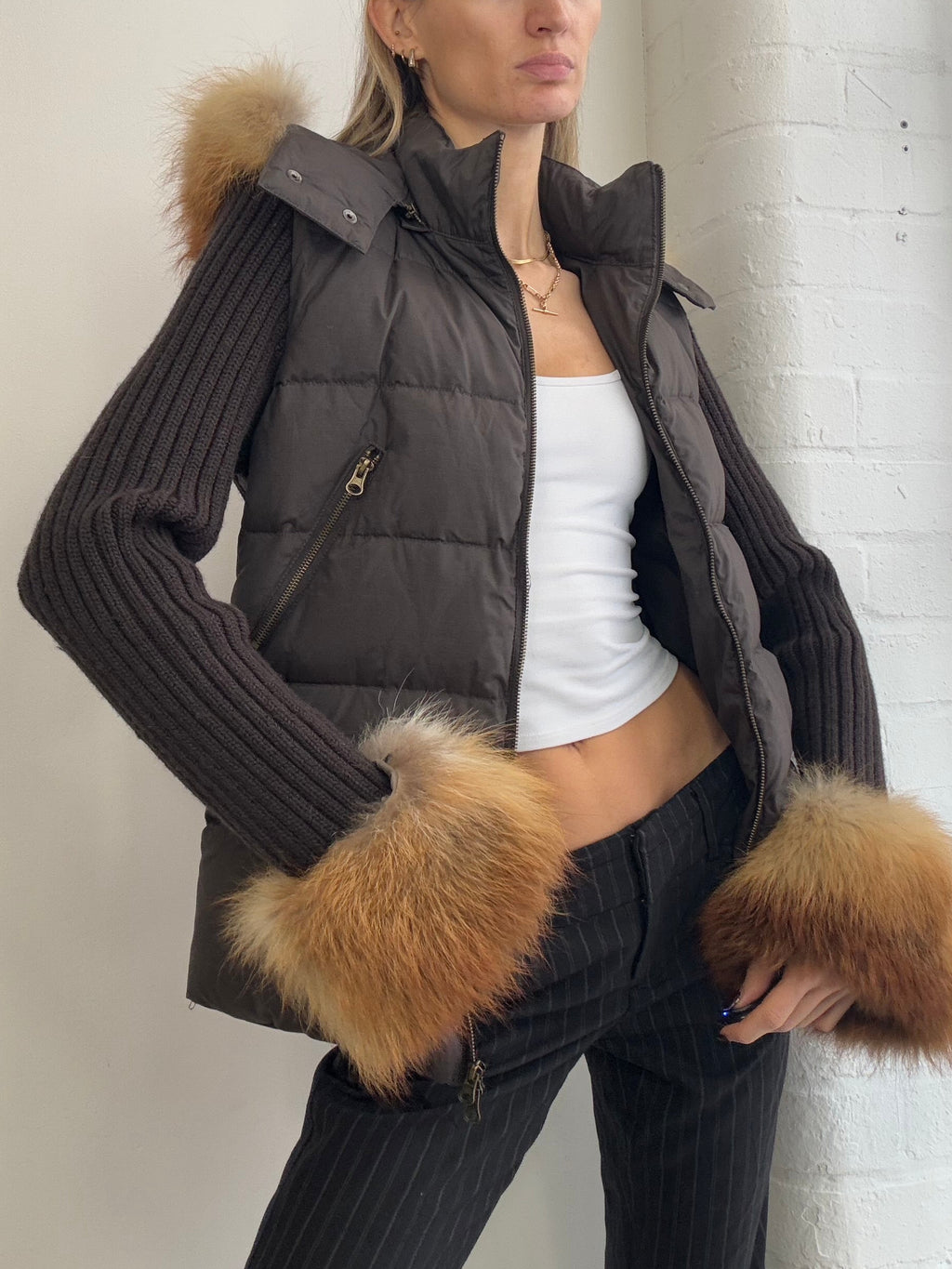 Vintage Y2K brown zip up puffer jacket fur trim