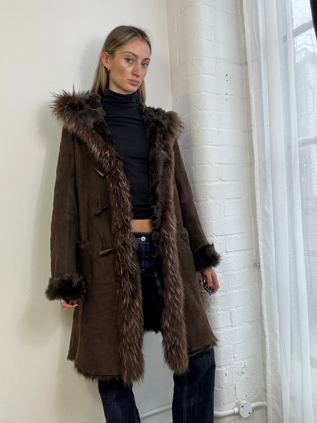 Vintage Y2K sheepskin hooded coat brown