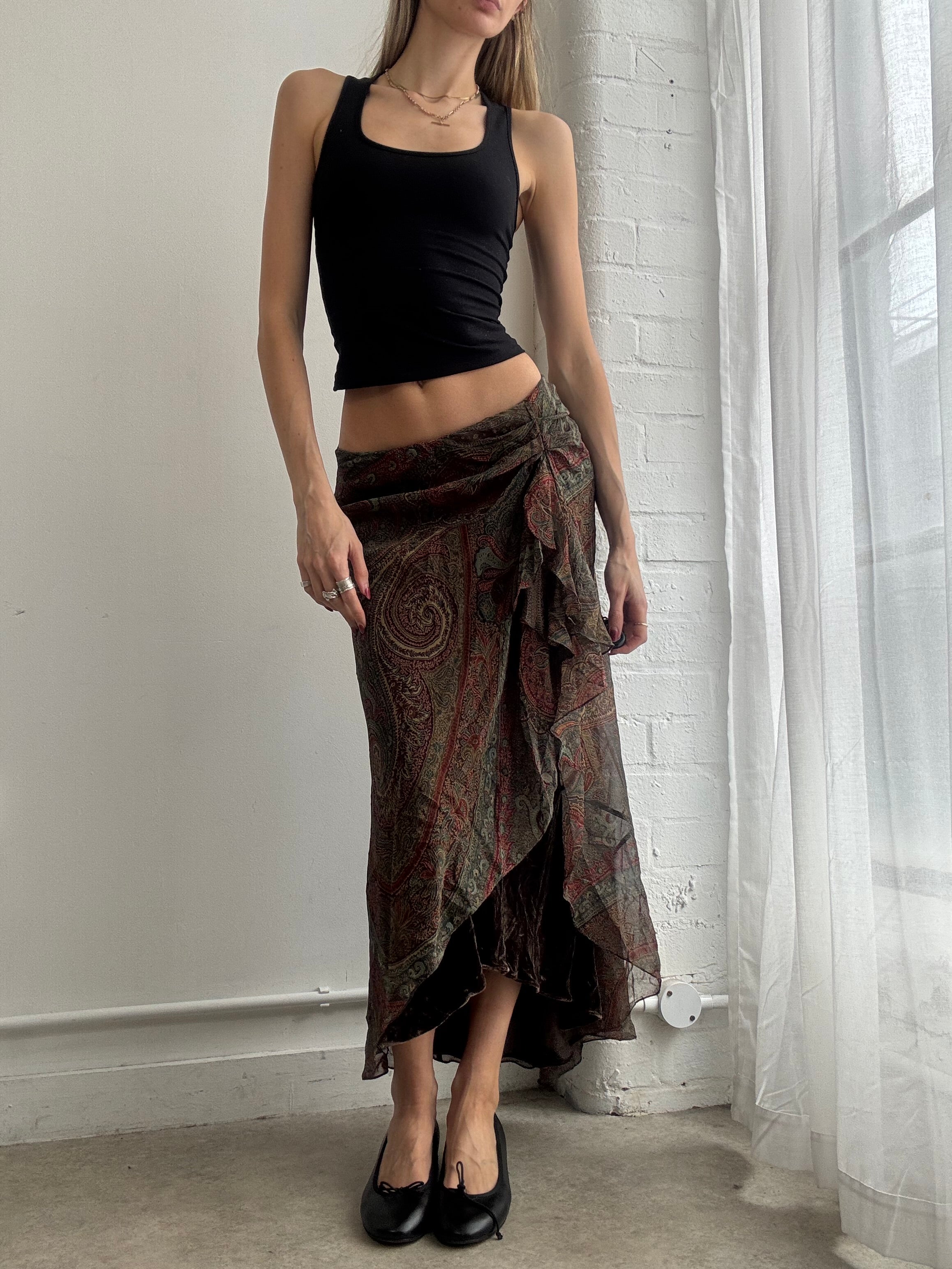 Vintage Y2K Ralph Lauren silk paisley print asymmetric maxi skirt