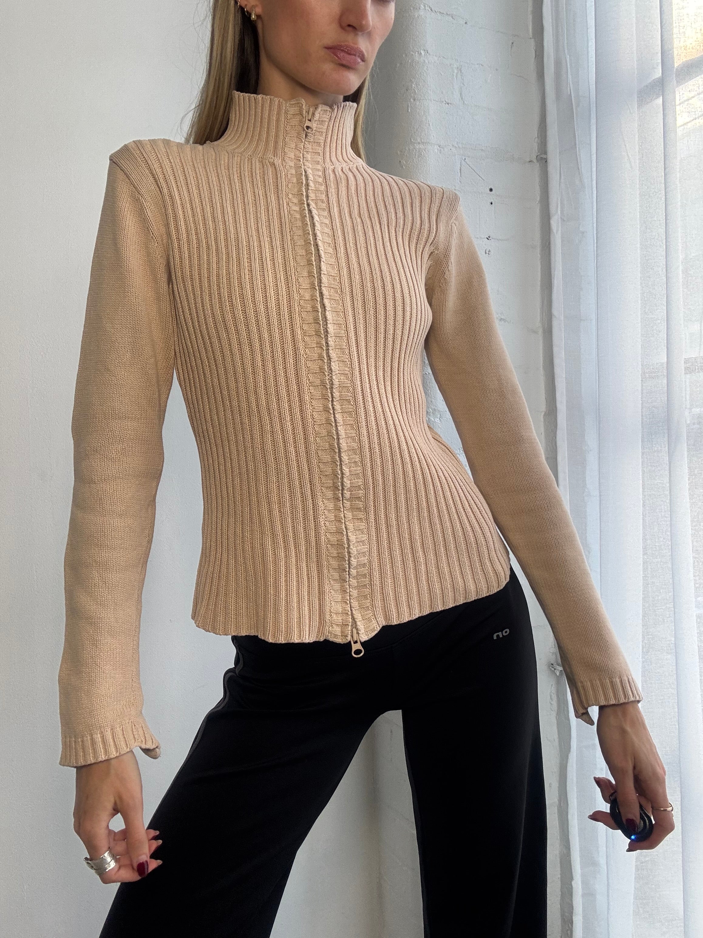 Vintage Y2K ribbed knitted dual zip jumper beige