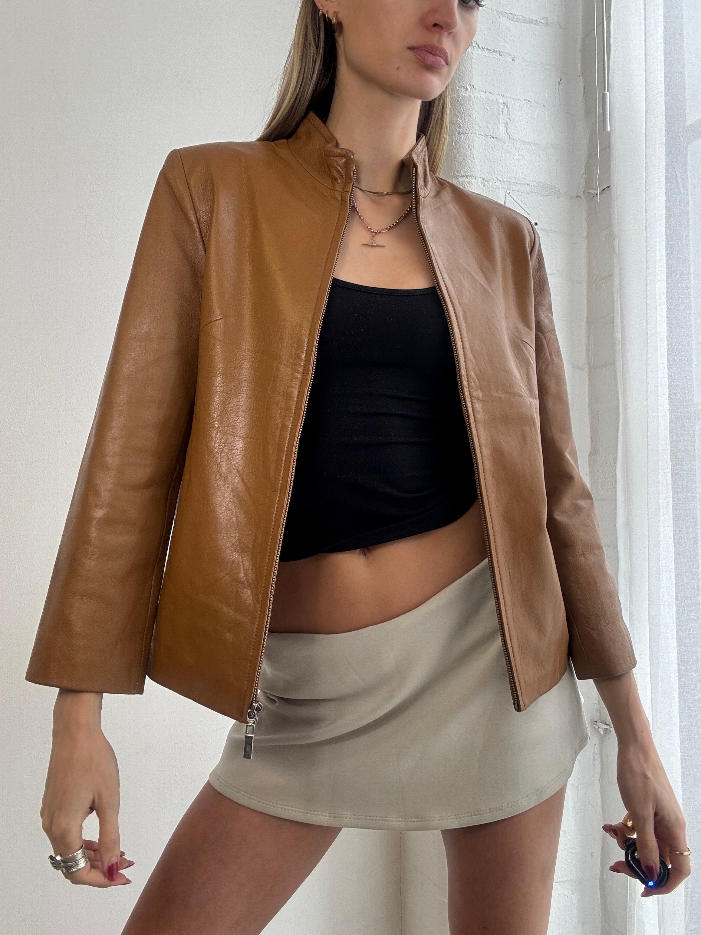 Vintage Y2K tan minimal fitted leather jacket