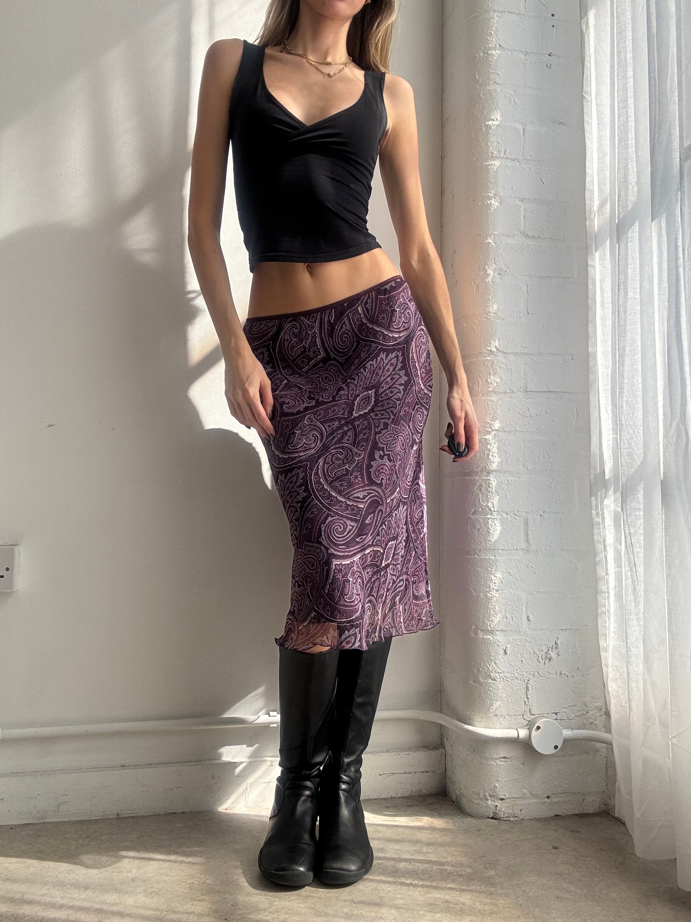 Vintage Y2K purple paisley mesh midi skirt