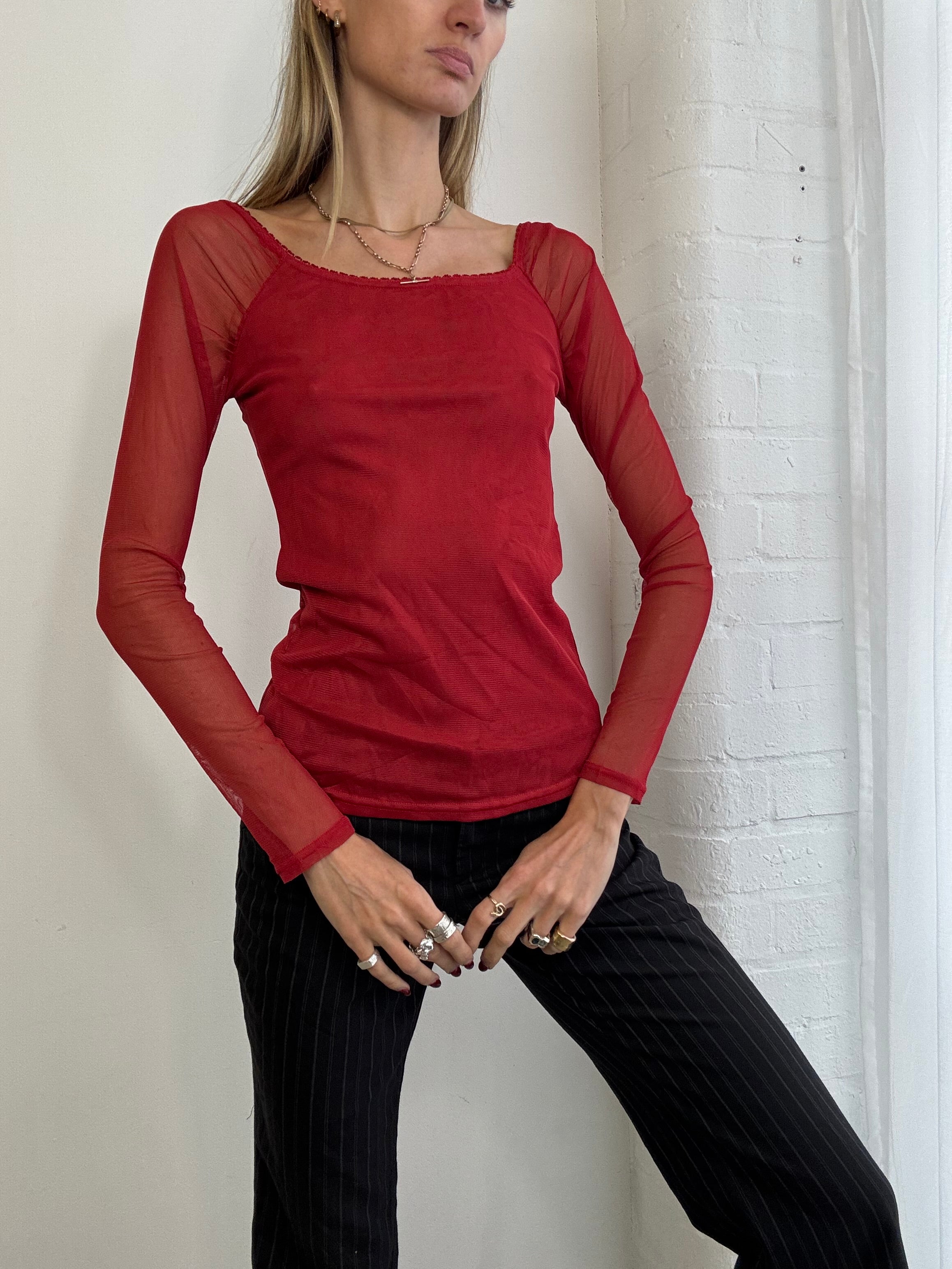 Vintage Y2K Morgan de toi red mesh long sleeve top