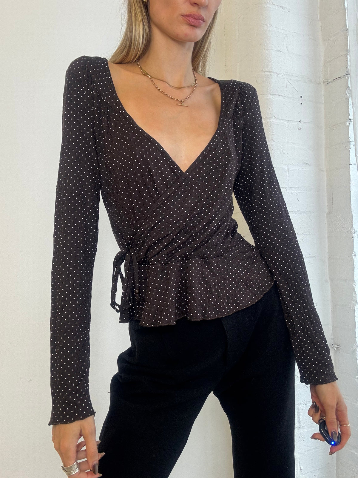 Vintage Y2K Chocolate Brown Polka Dot Wrap Peplum Top - Size S/M