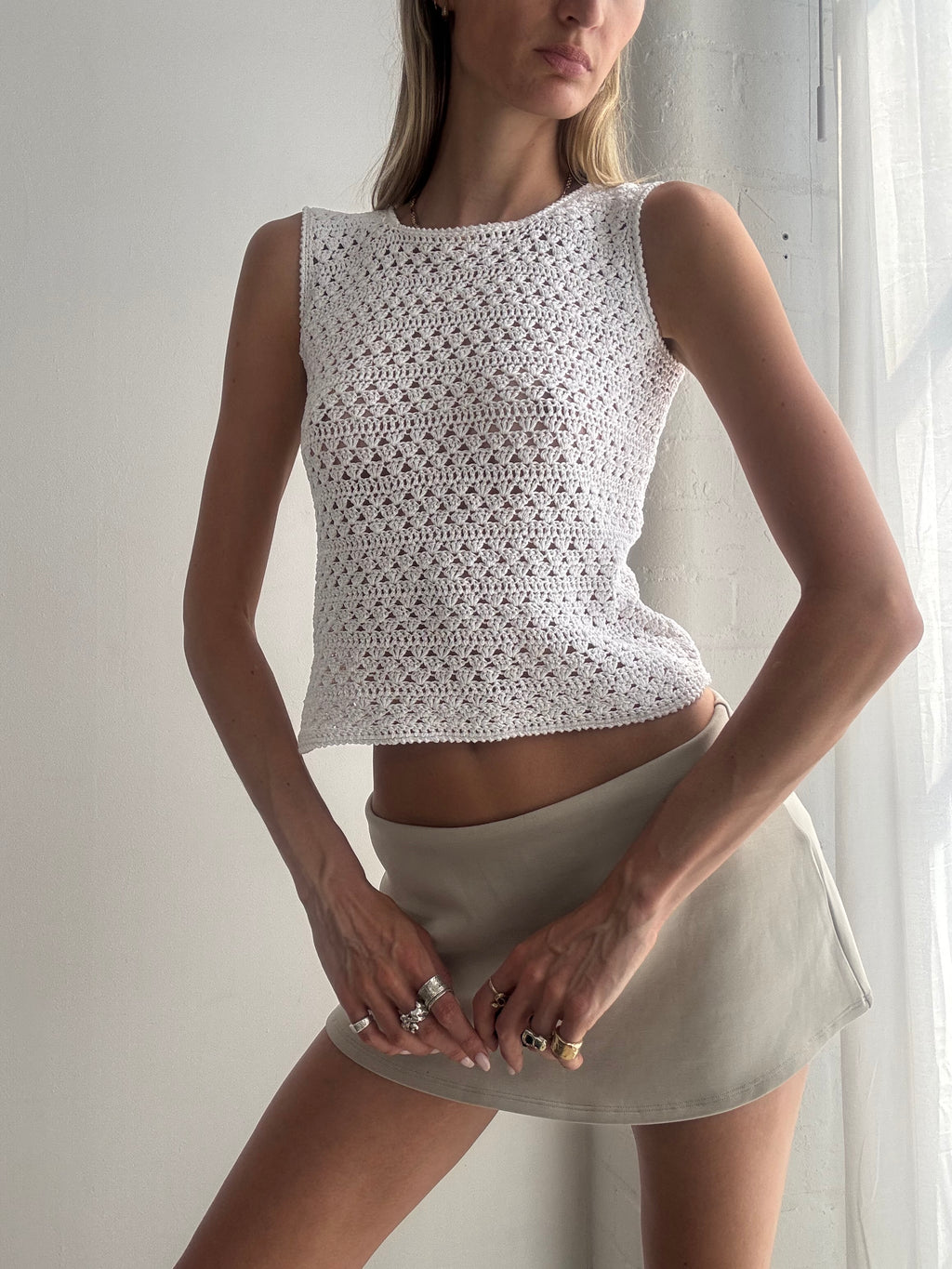 Vintage White Crochet Knit Top Y2K Boho Fairy Grunge - Size S