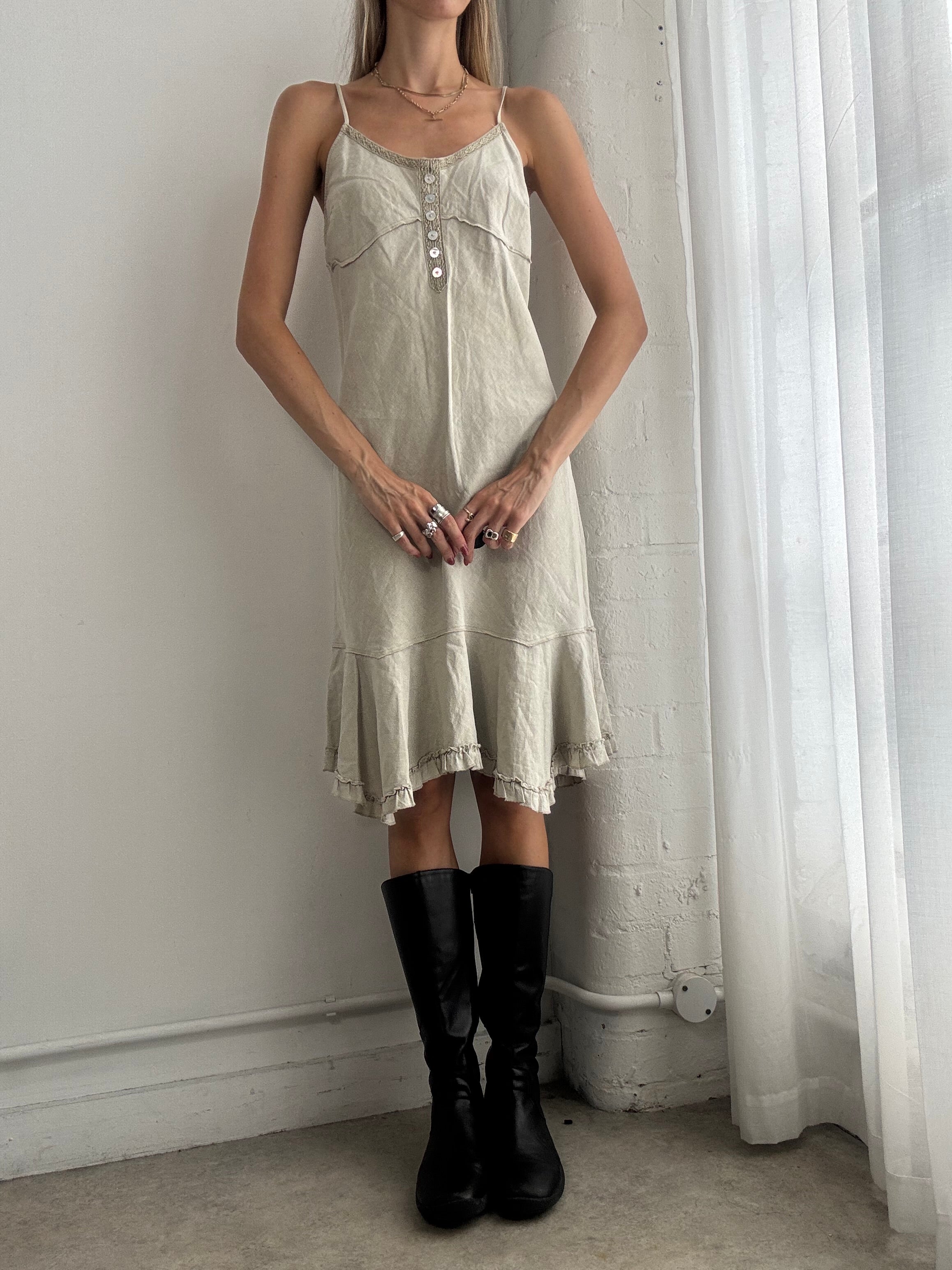 Vintage 90s Cream Ruffle Hem Linen Slip Dress - Size M
